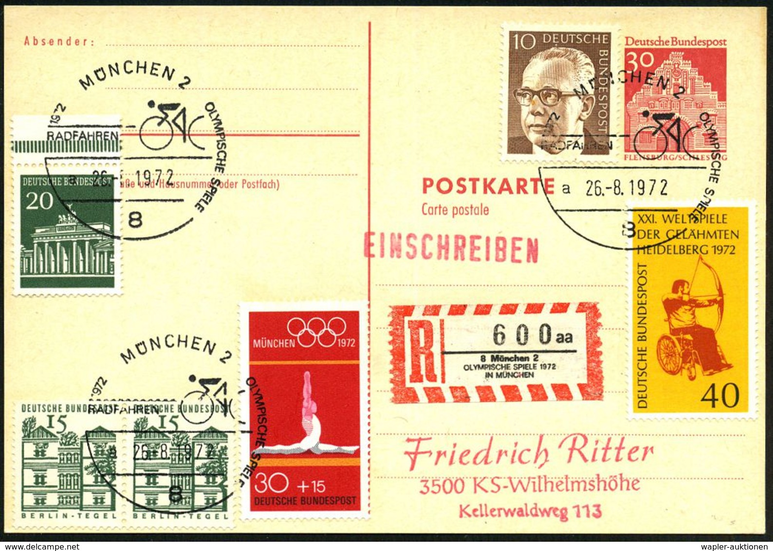 8 MÜNCHEN 2/ A/ RADFAHREN/ OLYMP.SPIELE 1972 (26.8.) SSt = Radsport-Piktogramm 2x + Sonder-RZ: 8 München 2/a A/OLYMPISCH - Ciclismo