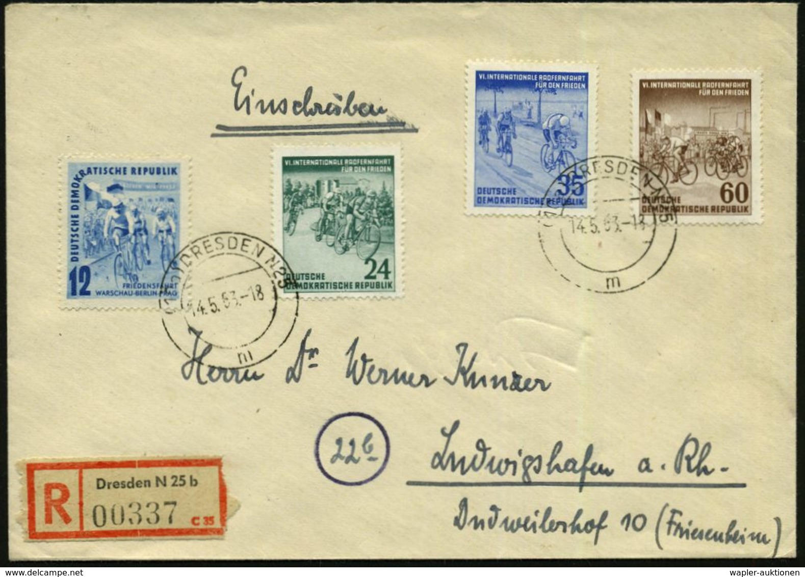 D.D.R. 1953 (14.5.) 5. Und 6. Internat. Friedensfahrt, Kompl., Motivreine Frankaturen , Sauber Gest. + RZ: Dresden N25 B - Radsport