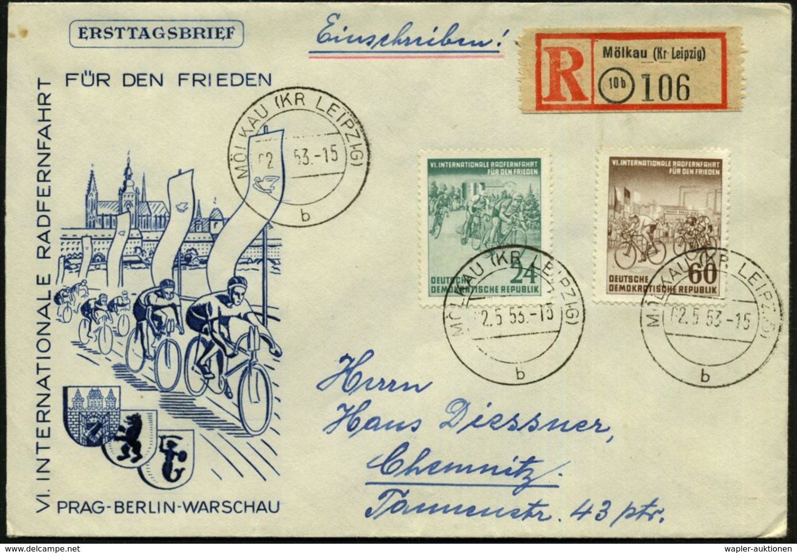 D.D.R. 1953 (2.5.) 24 Pf. U. 60 Pf. "VI. Internat. Friedensfernfahrt", Satzreine Frankatur , Klar Gest. + RZ: (10 B) Möl - Cyclisme