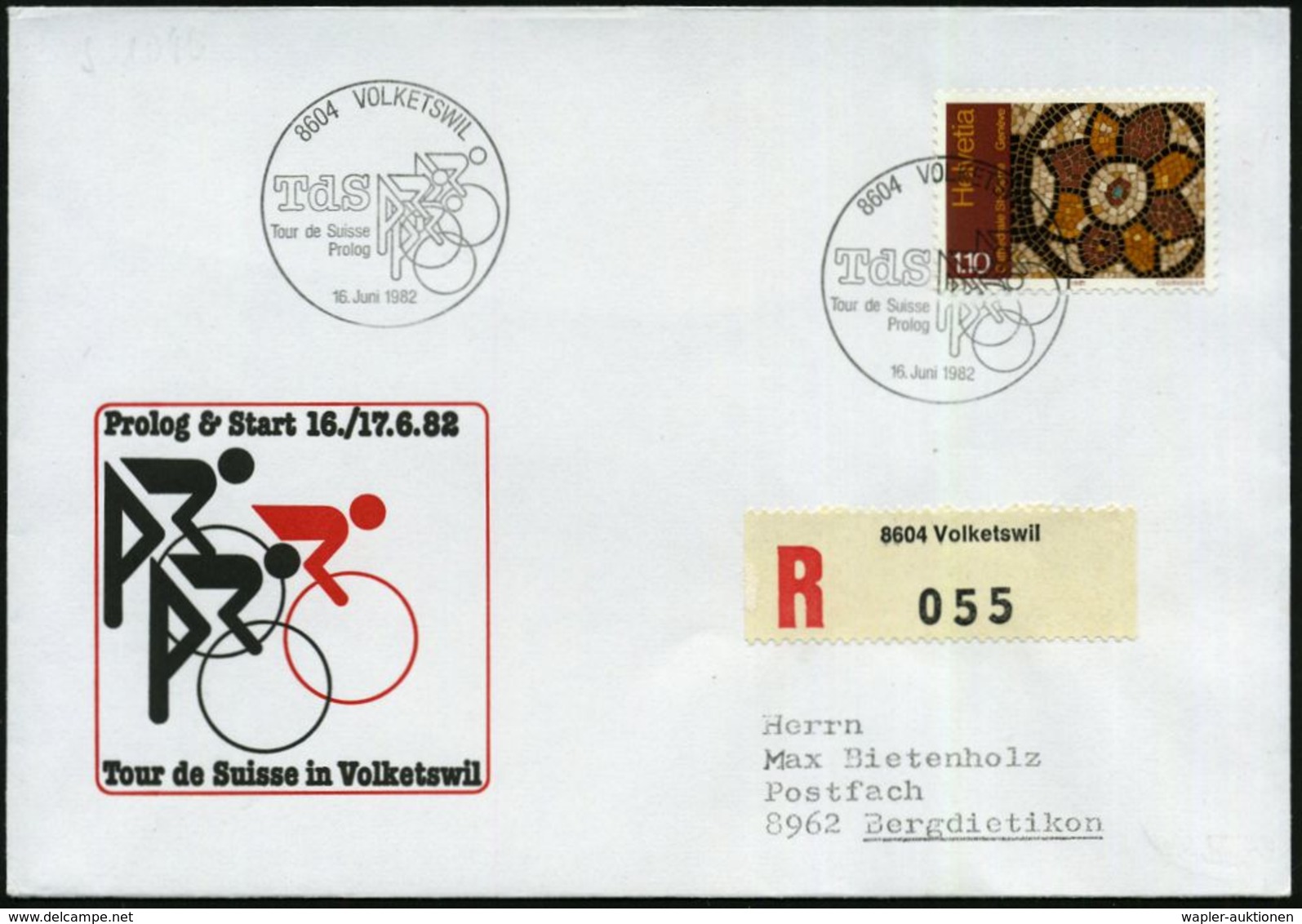 SCHWEIZ 1982 (16.6.) SSt.: 8604 VOLKETSWIL/TdS/Tour De Suisse/Prolog (Radsport-Piktogramm) + RZ: 8604 Volketswil, Motivg - Ciclismo