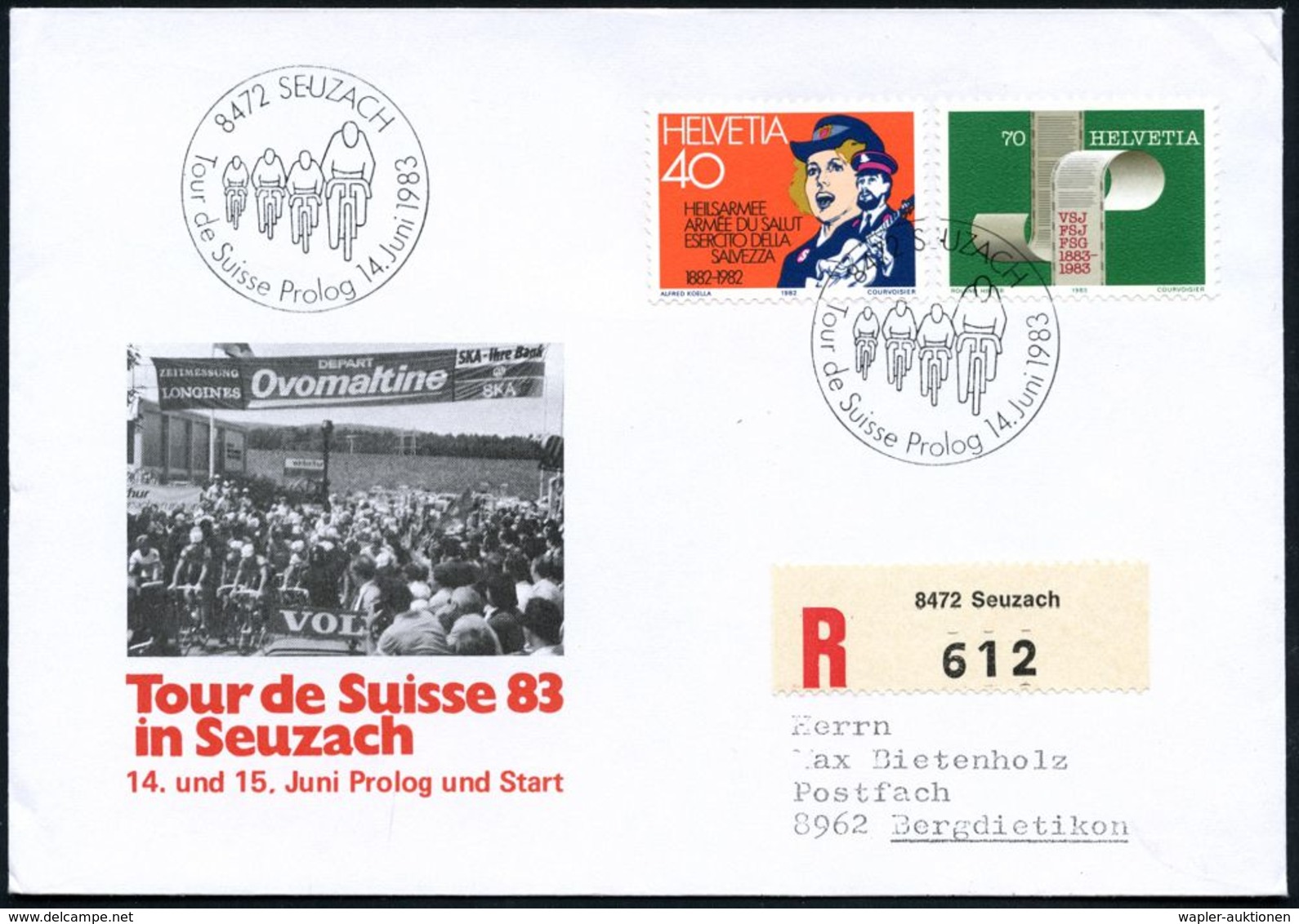 SCHWEIZ 1983 (14.6.) SSt: 8472 SEUZACH/Tour De Suisse Prolog = Rad-Rennfahrer + RZ: 8472 Seuzach, 2x Klar Gest. Inl.-R-S - Cyclisme