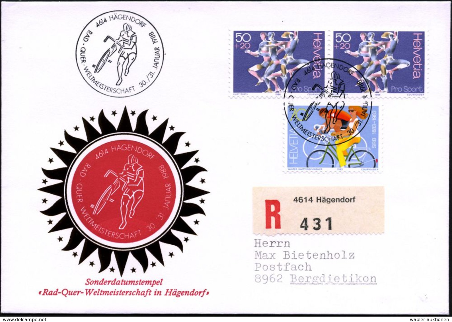 SCHWEIZ 1988 (Jan.) SSt: 4614 HÄGENDORF/RAD-QUER-WELTMEISTERSCHAFT = Querfeldein-Fahrer + RZ: 4614 Hägendorf, Motivgl. I - Wielrennen