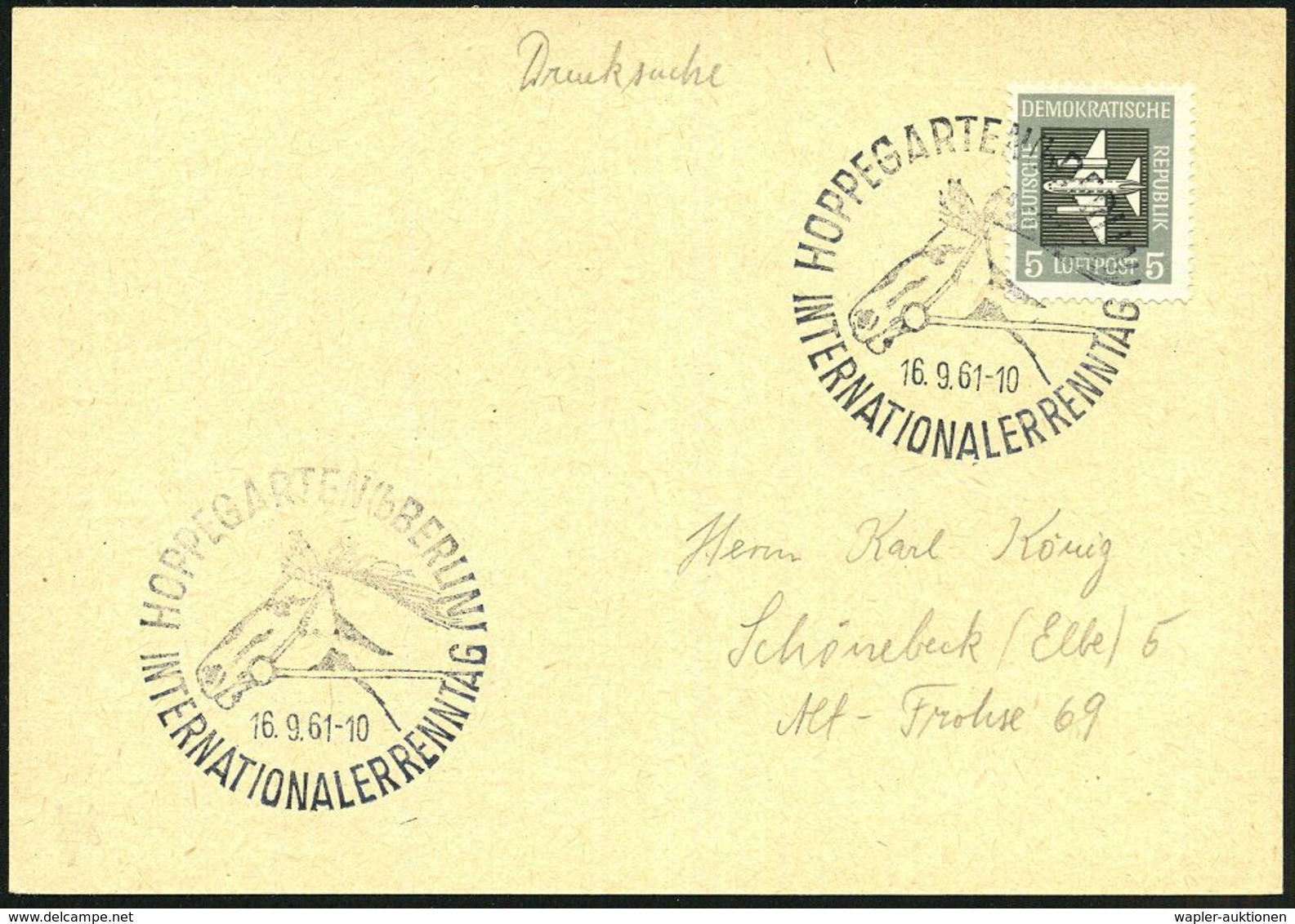 HOPPEGARTEN (b BERLIN)/ INTERNATIONALER RENNTAG 1961/62 Je SSt. Vom 16.9.1961 Bzw. 6.8.1962 = Je Pferdekopf , 2 Inl.-Kar - Ippica