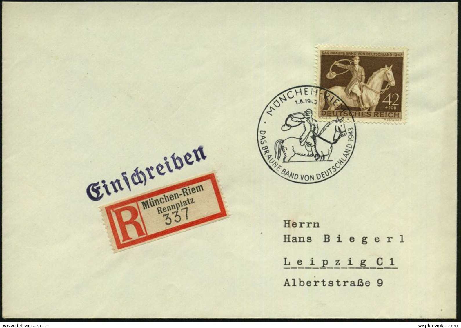 MÜNCHEN-RIEM/ DAS BRAUNE BAND V.DEUTSCHLAND 1943 (1.8.) SSt = Jagdreiter (mit Jagdhorn) Auf Motivgl. EF 42 + 108 Pf. Br. - Reitsport