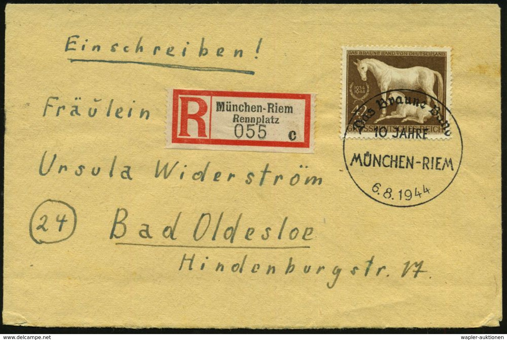 MÜNCHEN-RIEM/ Das Braune Band/ 10 JAHRE 1944 (6.8.) SSt = Hauspostamt Galopp-Rennbahn Auf EF 42 Pf.+ 108 Pf. Braunes Ban - Paardensport