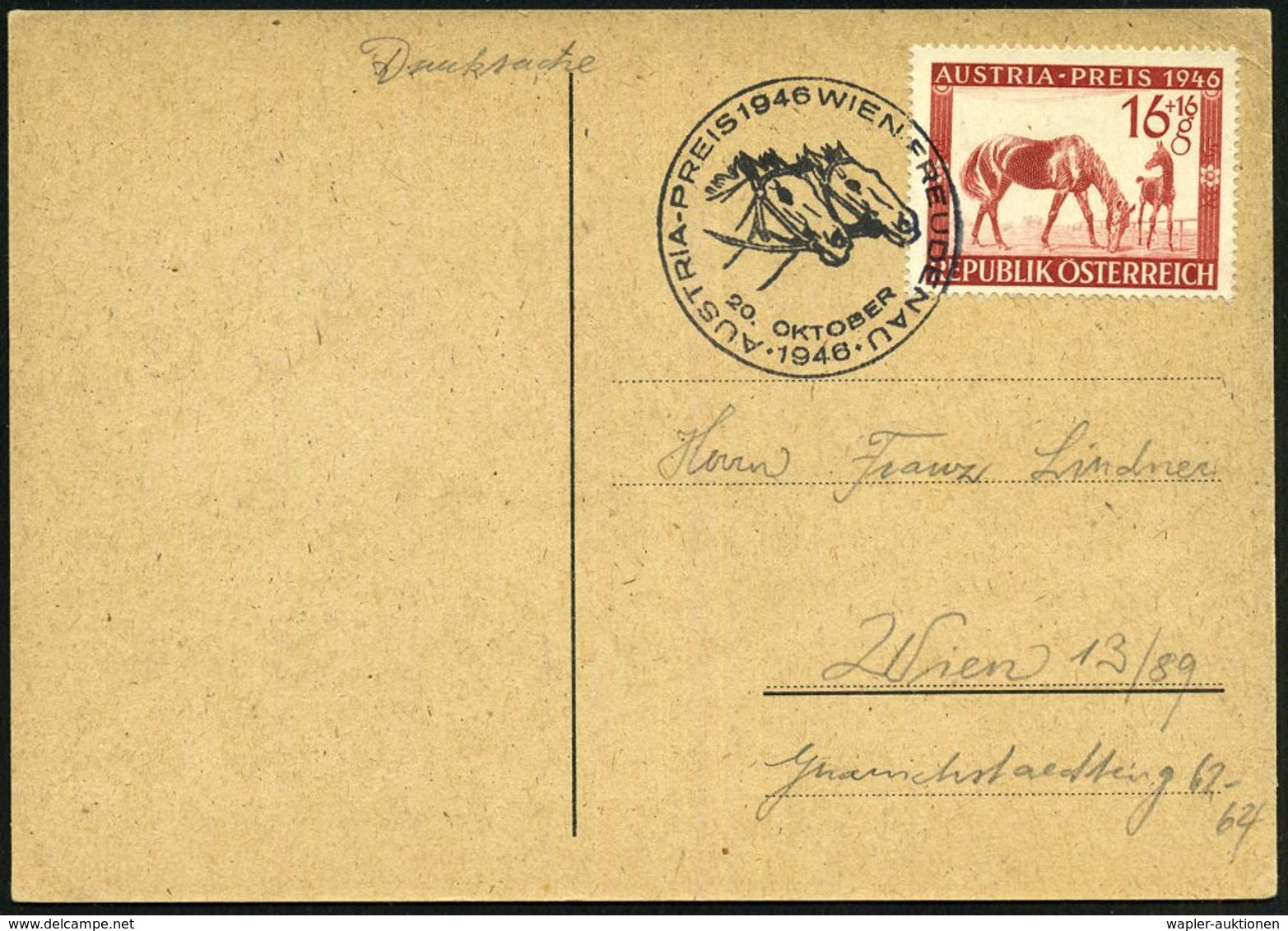 ÖSTERREICH 1946 (20.10.) SSt.: WIEN-FREUDENAU/AUSTRAI-PREIS (2 Pferde) Seltene EF 16 + 16 Gr. "Austria-Preis" Auf Humori - Paardensport