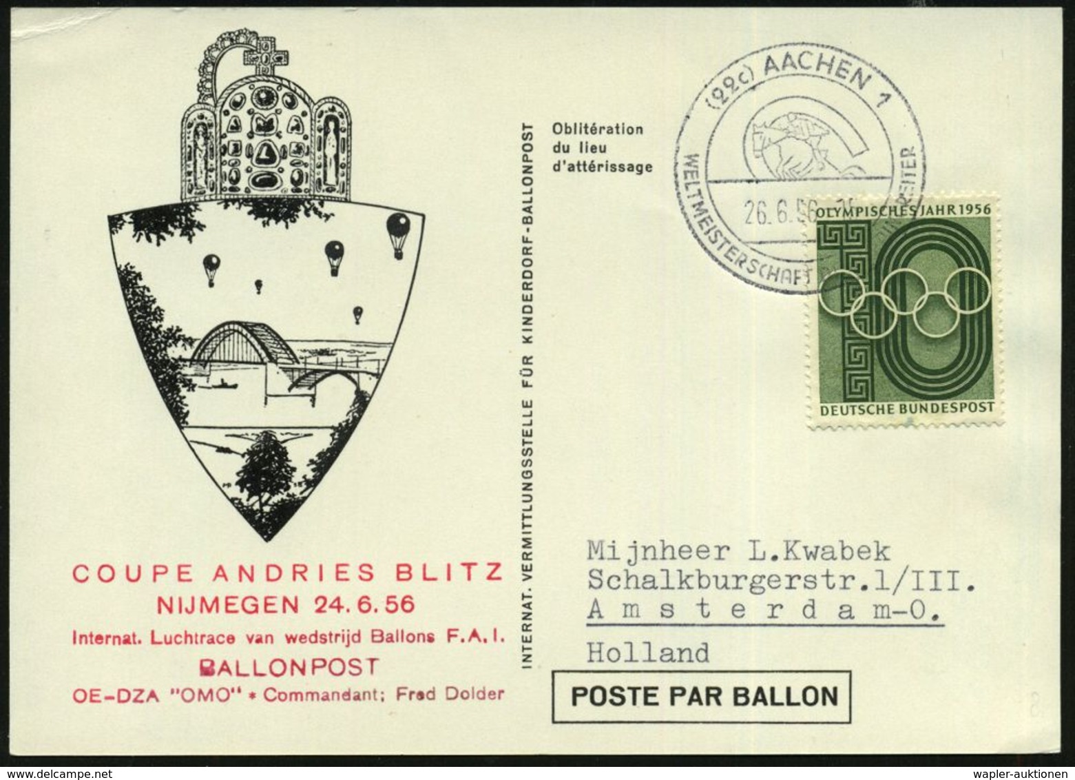 (22c) AACHEN 1/ WELTMEISTERSCHAFT DER SPRINGREITER 1956 (26.6.) SSt = Springreiter (u. Hufeisen) Auf EF 10 Pf. Olympiade - Salto