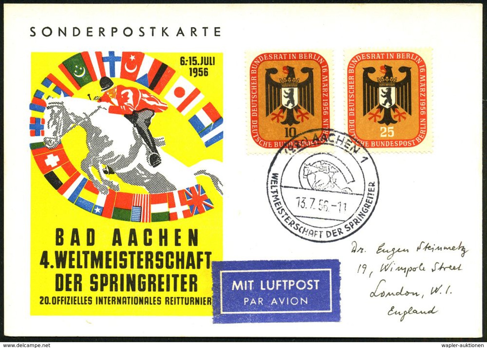 (22c) AACHEN 1/ WELTMEISTERSCHAFT DER SPRINGREITER 1956 (13.7.) SSt = Springreiter (u. Hufeisen) Klar Gest. Sonder-Kt.:  - Salto