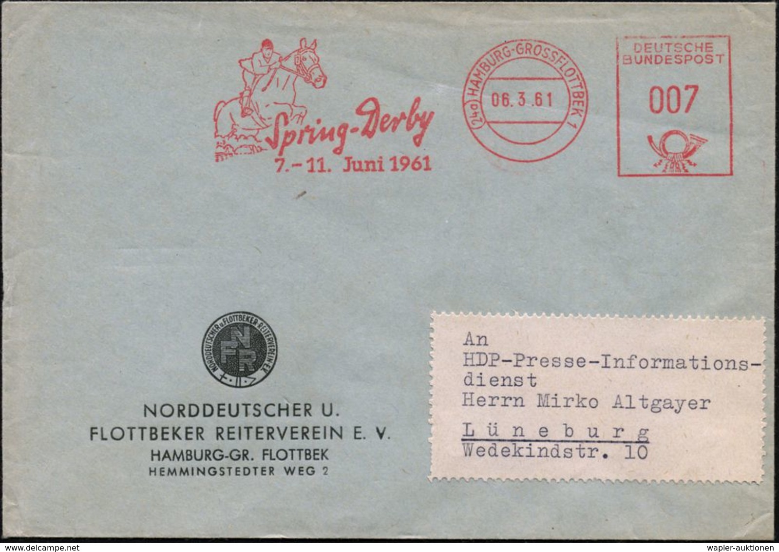 (24a) HAMBURG-GROSSFLOTTBEK 1/ Spring-Derby/ 7.-11.Juni 1961 Seltener AFS = Sprinreiter , Dekorativer, Passender Vordr.- - Jumping