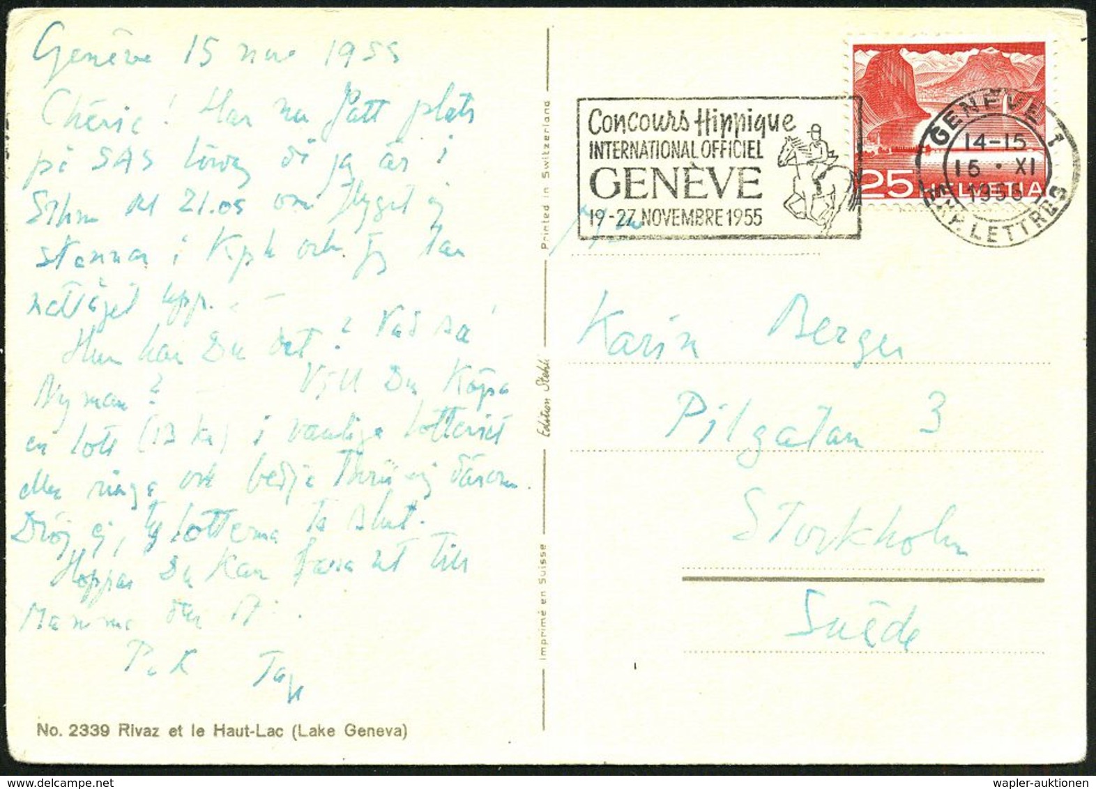 SCHWEIZ 1955 (Nov.) MWSt: GENEVE 1/Concours Hippique/ INTERNAT. OFFICIEL/GENEVE/19-27 NOV. (Springreiter) Klar Gest. Aus - Salto