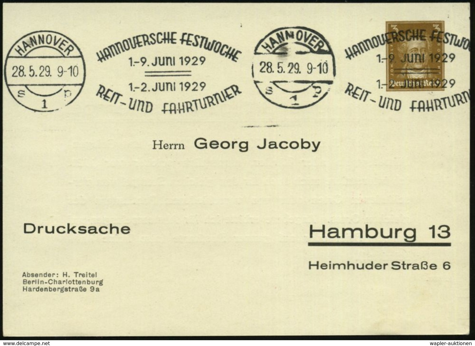 HANNOVER/ S1p/ HANN.FESTWOCHE/ REIT-U.FAHRTURNIER 1929 (3.6.) Seltener BdMWSt Auf PP 3 Pf. Goethe (G. Jacoby, Mi.PP 97/B - Paardensport