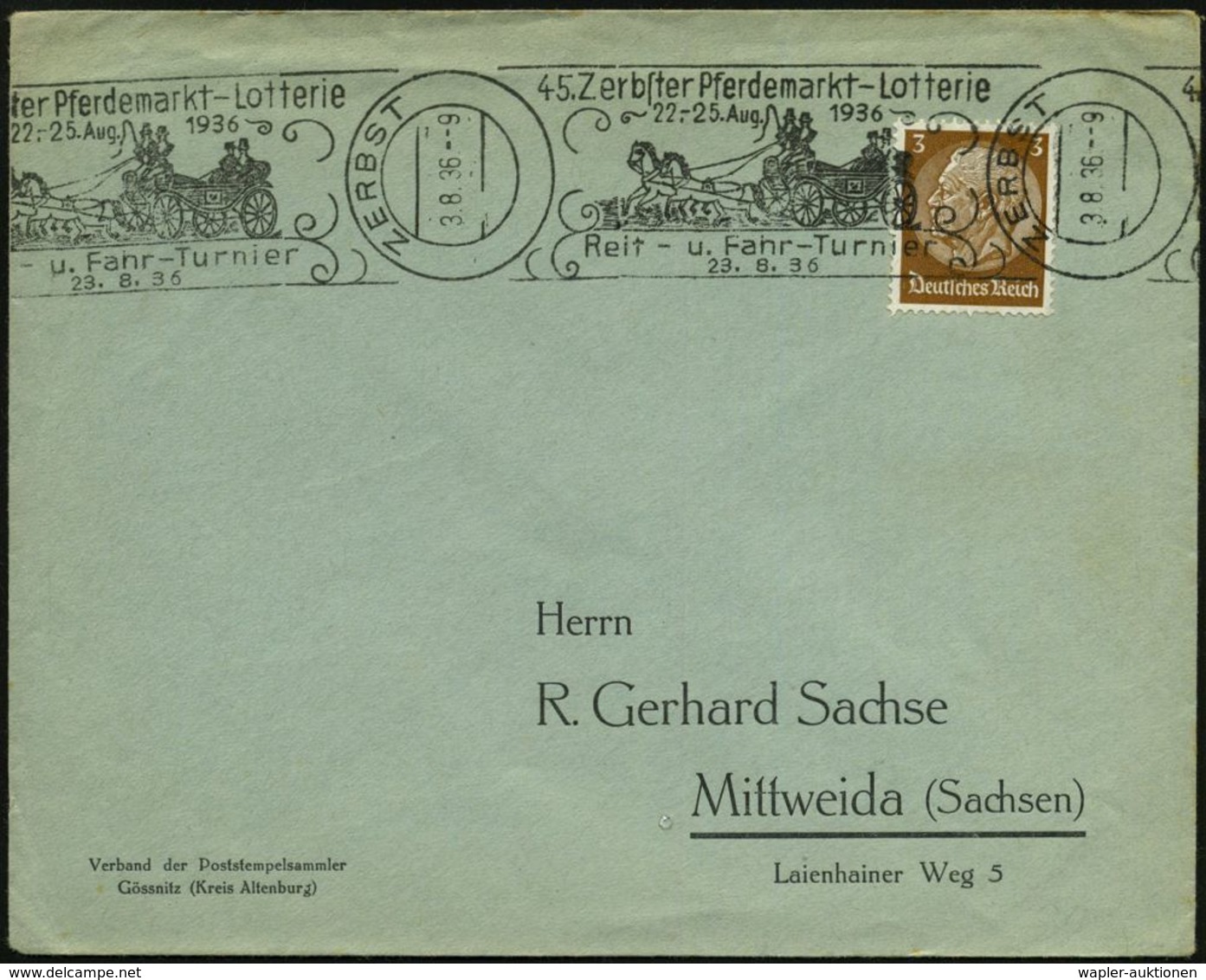 ZERBST/ 45.Zerbster Pferdemarkt-Lotterie/ 22.-25.Aug./ Reit-u.Fahrturnier 1936 (3.8.) Dekorativer, Seltener RoWSt = Zwei - Ippica