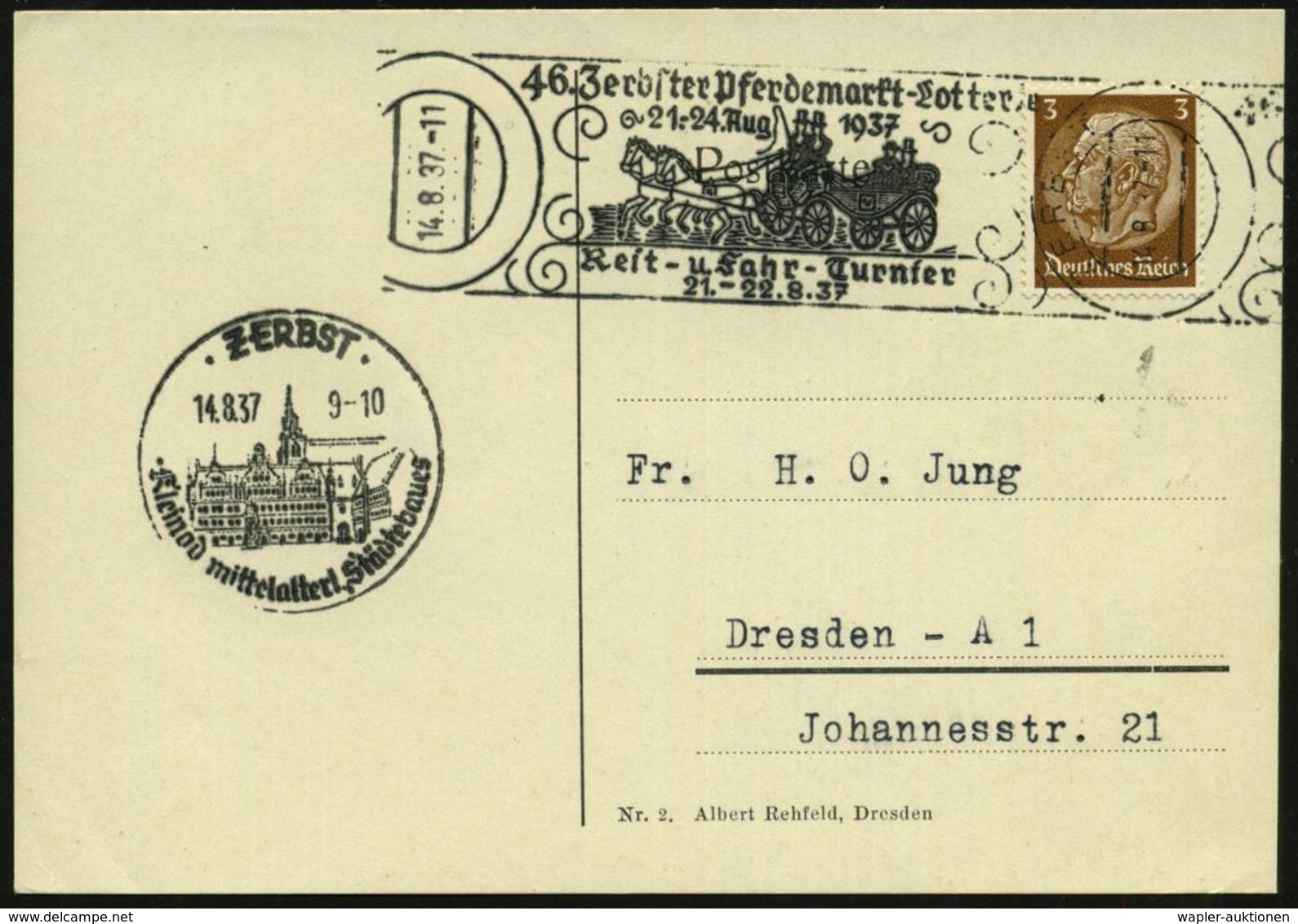 ZERBST/ 46.Zerbster Pferdemarkt-Lotterie/ 21.-24.Aug./ Reit-u.Fahrturnier 1937 (16.7.) Dekorativer, Seltener RoWSt = Zwe - Paardensport