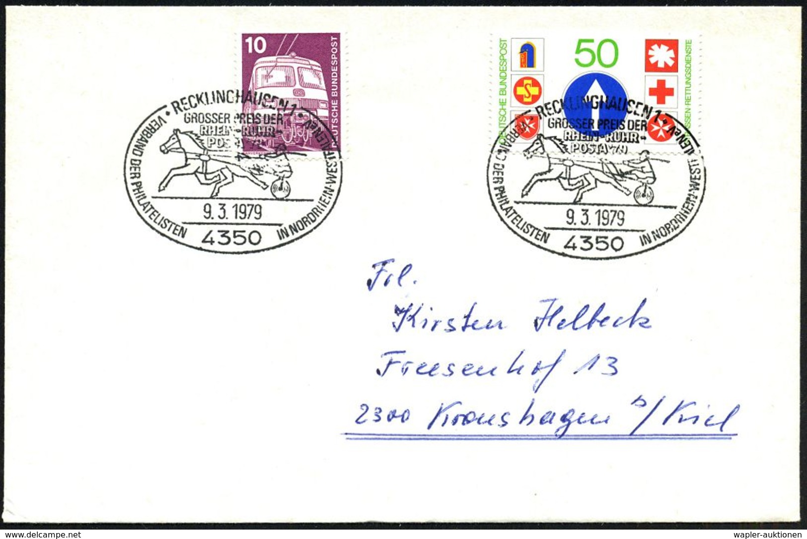 4350 RECKLINGHAUSEN 1/ GROSSER PREIS DER/ RHEIN-RUHR-/ POSTA.. 1979 (9.3.) SSt = Traber-Gespann , Klar Gest. Inl.-Bf. - - Paardensport