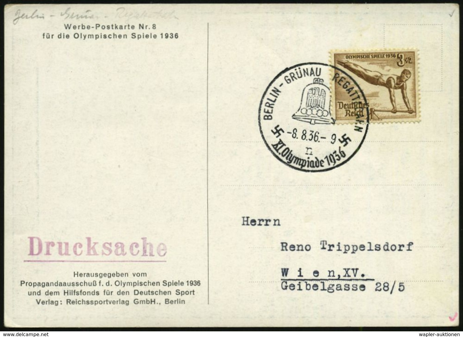 BERLIN-GRÜNAU REGATTABAHN/ N/ XI.Olympiade 1936 (8.8.) SSt Auf EF 3 Pf.+ 2 Pf. Olympiade (Mi.609 EF) Auf Seltener Color- - Autres & Non Classés