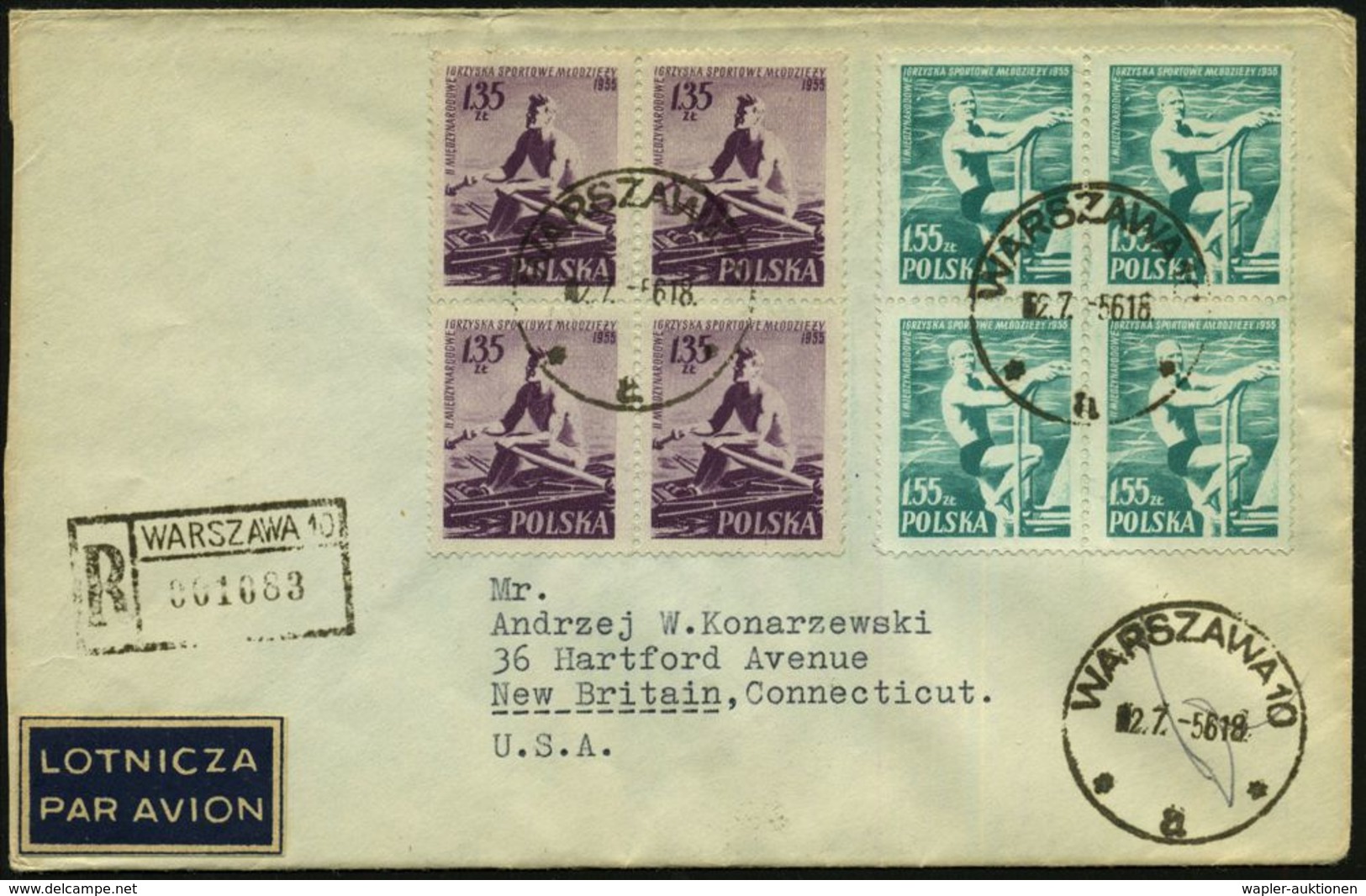 POLEN 1956 (2.7.) "2. Internat. Jugend-Sportfestival" 1,35 Zl. Rudern U. 1,55 Zl. Schwimmen, Je 4er-Block = Satzreine Fr - Sonstige & Ohne Zuordnung