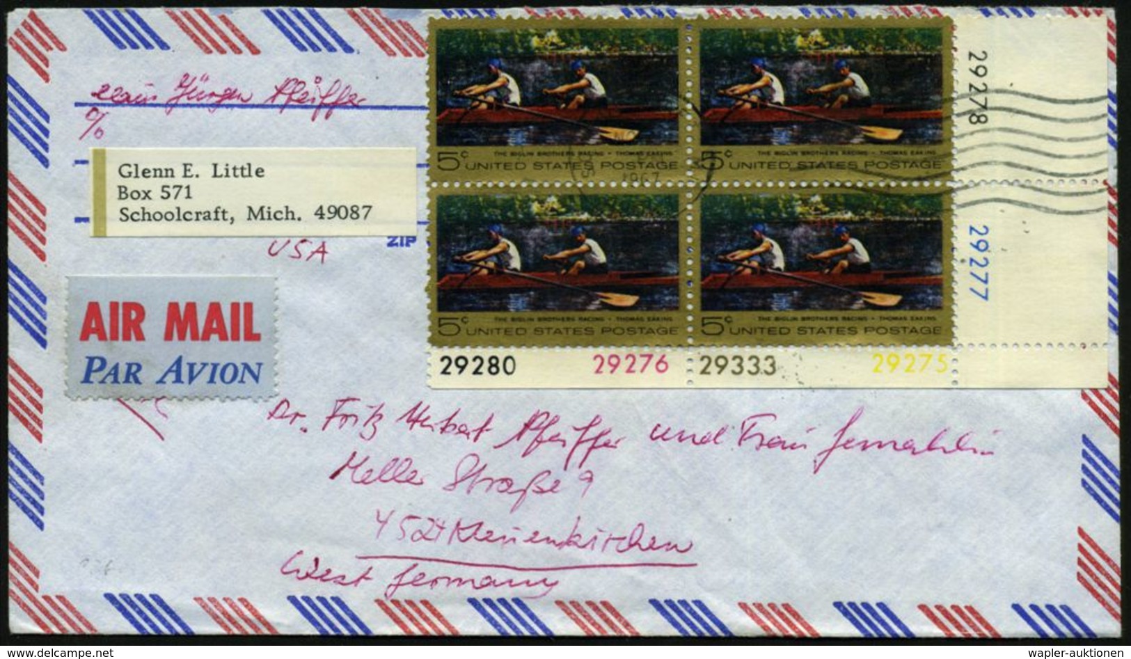 U.S.A. 1967 (Nov.) 5 C. "The Biglin-Bros. Racing", Reine MeF: Bogen-Eckrand-4er-Block Alle Mit Div. Rand-Nummern! = Gemä - Altri & Non Classificati