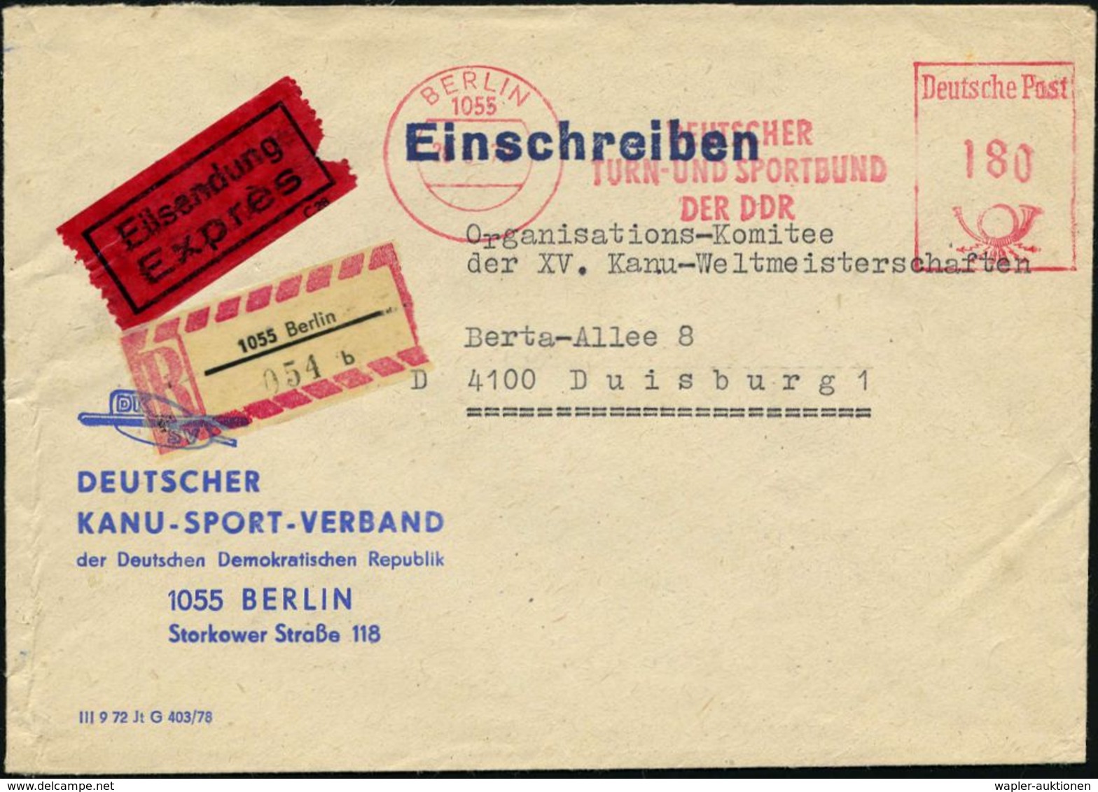 1055 BERLIN/ DEUTSCHER/ TURN-U.SPORTBUND/ DER DDR 1979 (28.6.) AFS 180 Pf. + RZ: 1055 Berlin/b , Dienst-Bf.: DK SV, DEUT - Andere & Zonder Classificatie