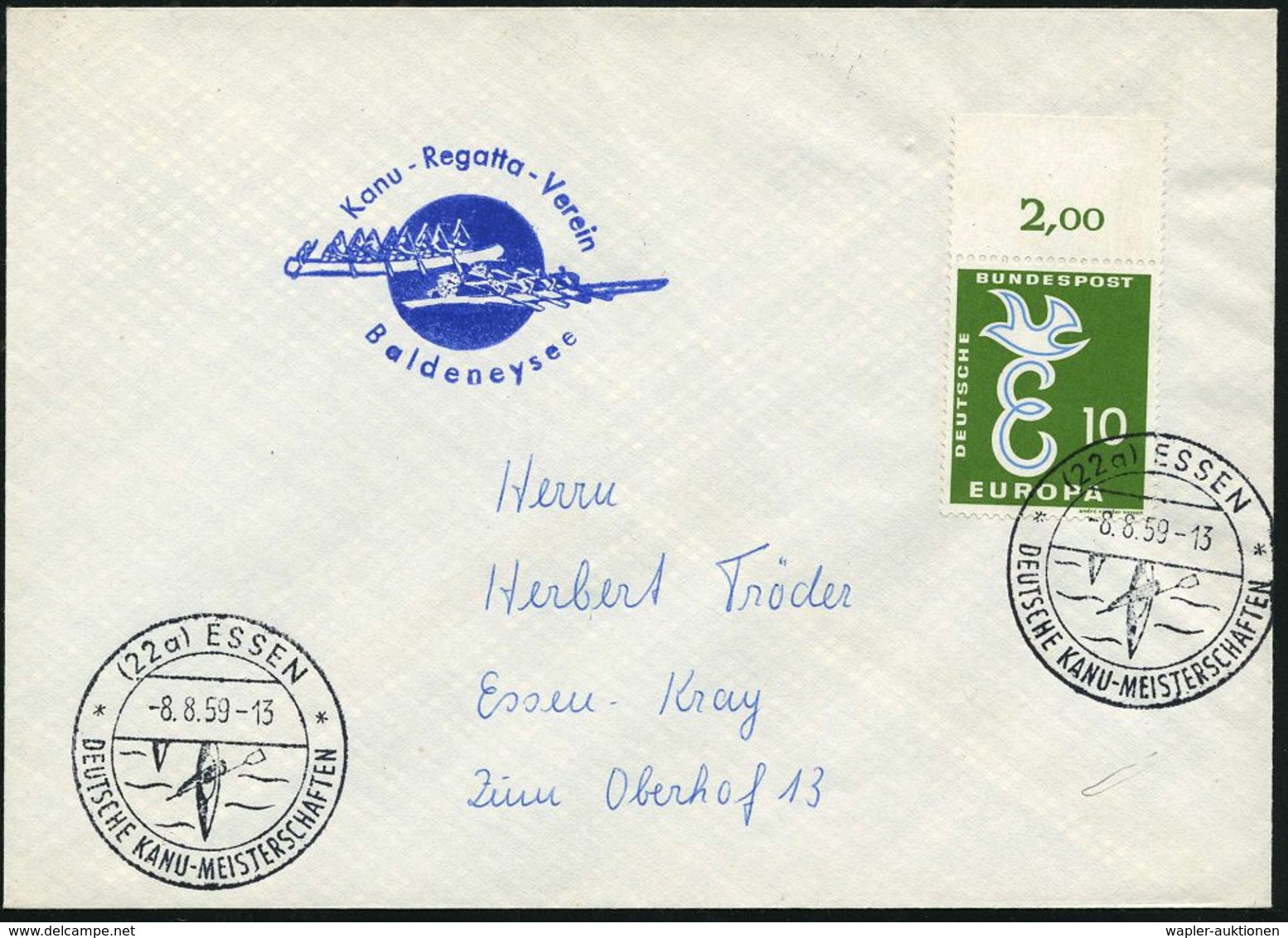 (22a) ESSEN/ DEUTSCHE KANU-MEISTERSCHAFTEN 1959 (8.8.) SSt = 2 Einer-Kajaks 2x Klar + Seltener HdN: Kanu-Regatta-Verein/ - Sonstige & Ohne Zuordnung