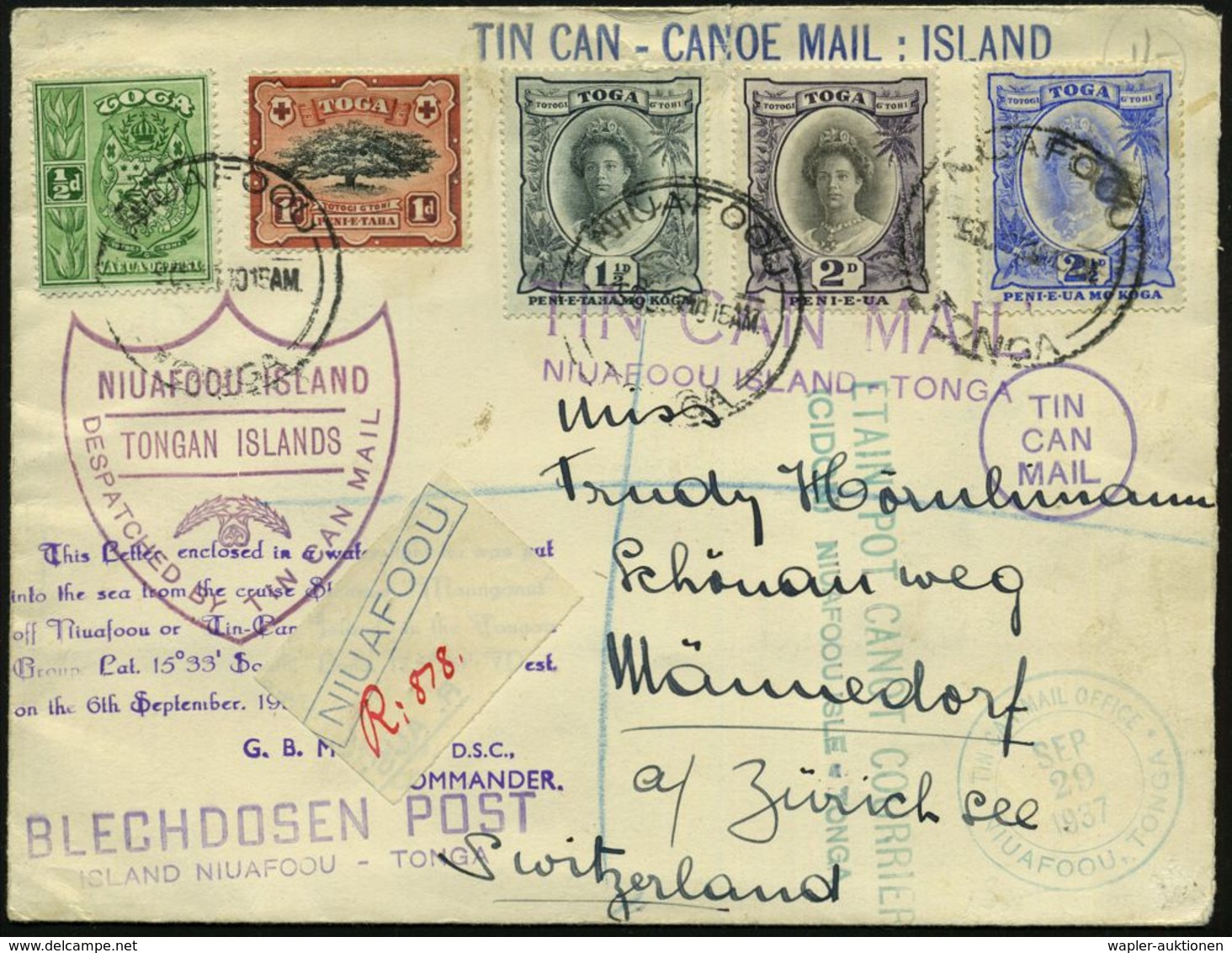 TONGA 1937 (Okt.) 1 1/2 P., 2 P. U. 2 1/2 P. Freimarken U.a., 1K: NIUAFOOU + Div. HdN: TIN CAN - CANOE MAIL = Blechdosen - Autres & Non Classés
