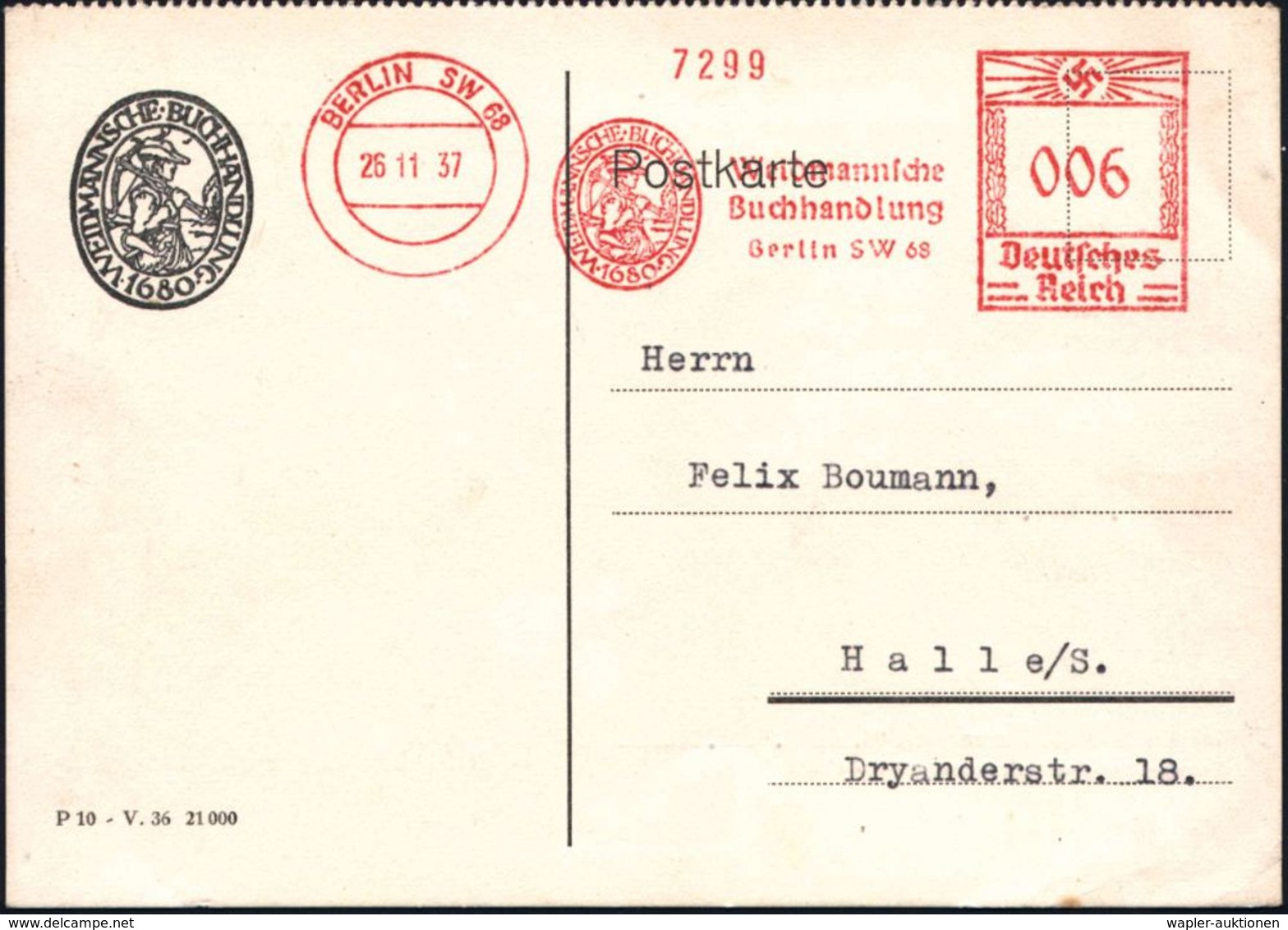 BERLIN SW 68/ Weidmannsche/ Buchhandlung.. 1937 (26.11.) AFS = Histor. Jäger Mit Armbrust , Klar Gest., Sehr Dekorative  - Tiro (armi)