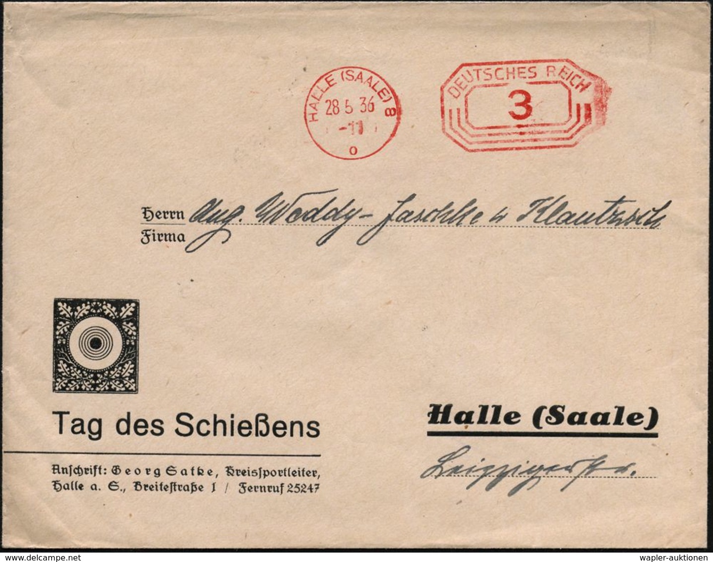 HALLE (SAALE) 8/ O 1936 (28.5.) PFS 3 Pf. Achteck Auf Reklame-Bf.: Tag Des Schießens (Zier-Zielscheibe) Dekorativ! (Dü.D - Tiro (armi)