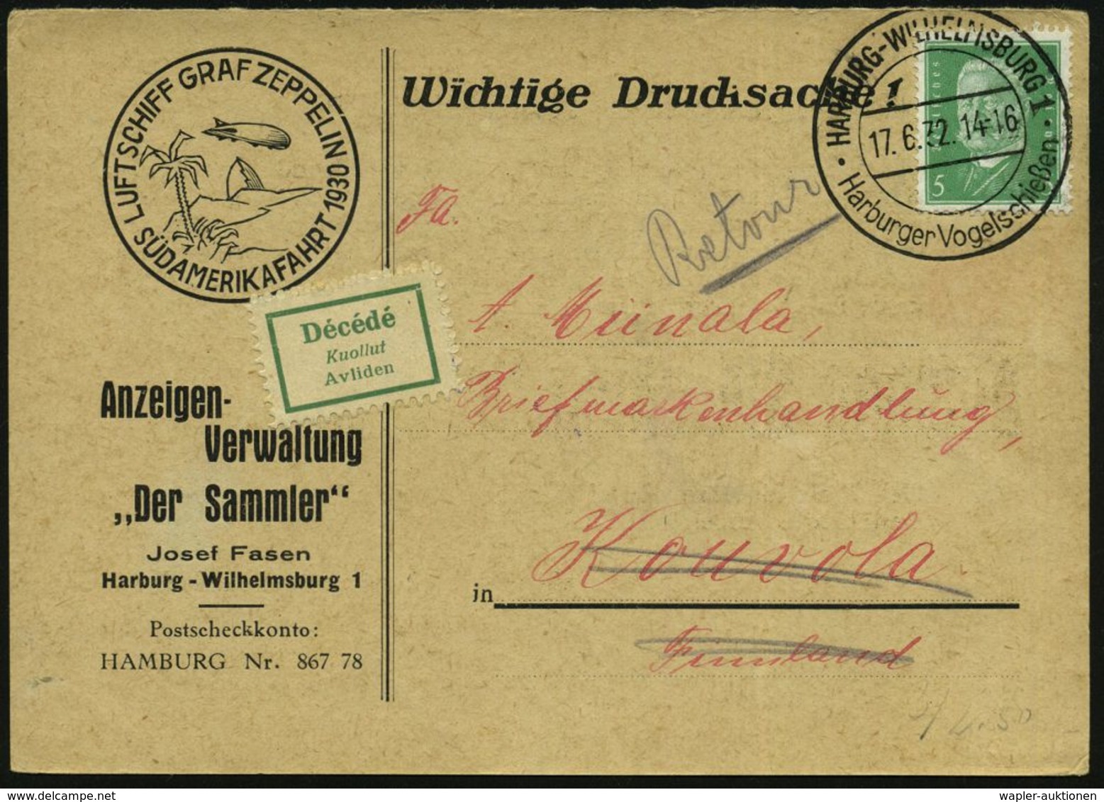 HAMBURG-WILHELMSBURG 1/ Harburger Vogelschießen 1932 (17.6.) SSt + Grüner Aufkleber: Décédé (gestorben) Reklame-Kt.: LUF - Tiro (armi)