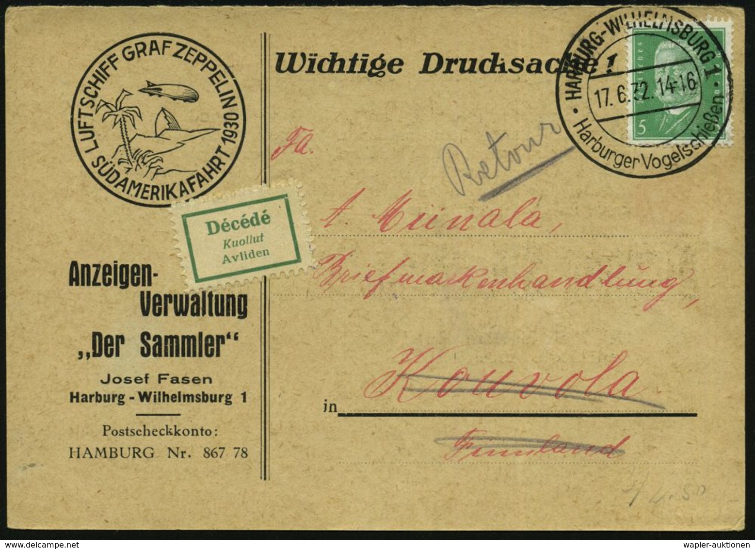HAMBURG-WILHELMSBURG 1/ Harburger Vogelschießen 1932 (17.6.) SSt + Grüner Aufkleber: Décédé (gestorben) Reklame-Kt.: LUF - Tir (Armes)