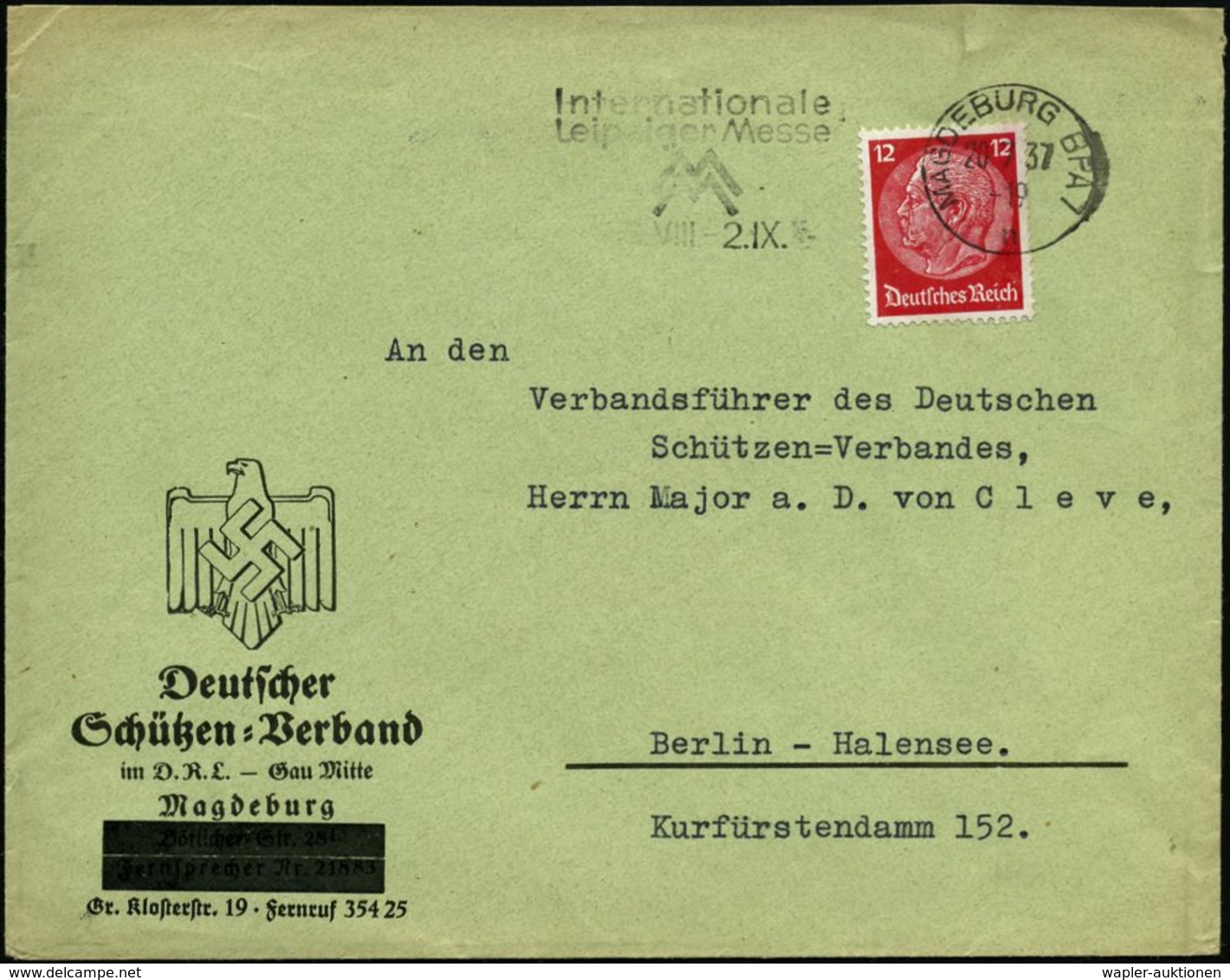 Magdeburg 1937 (20.7.) Dienst-Bf.: Deutscher Schützen-Verband Im D.R.L. Gau Mitte (Logo: D.R.L.) Teilgeschwärzter (neue  - Schieten (Wapens)