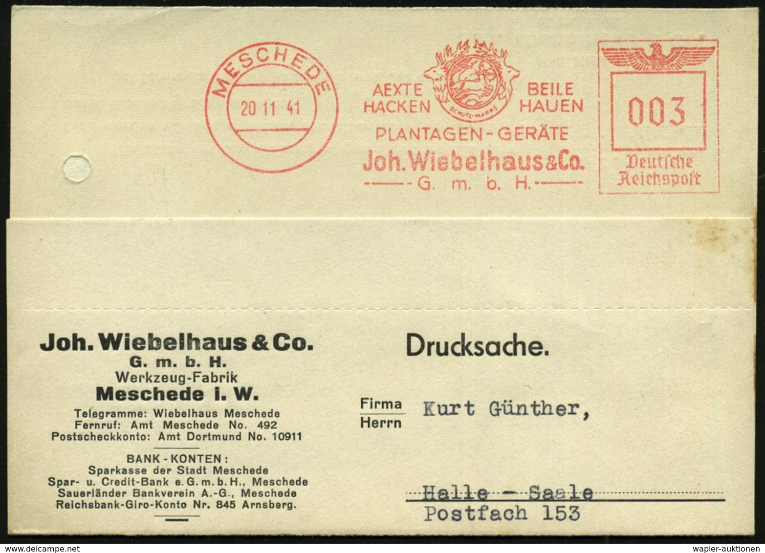 MESCHEDE/ AEXTE../ PLANTAGEN-GERÄTE/ Joh.Wiebelhaus & Co/ GmbH 1941 (20.11.) Seltener AFS = Jagdgöttin Diana-Artemis Als - Schieten (Wapens)