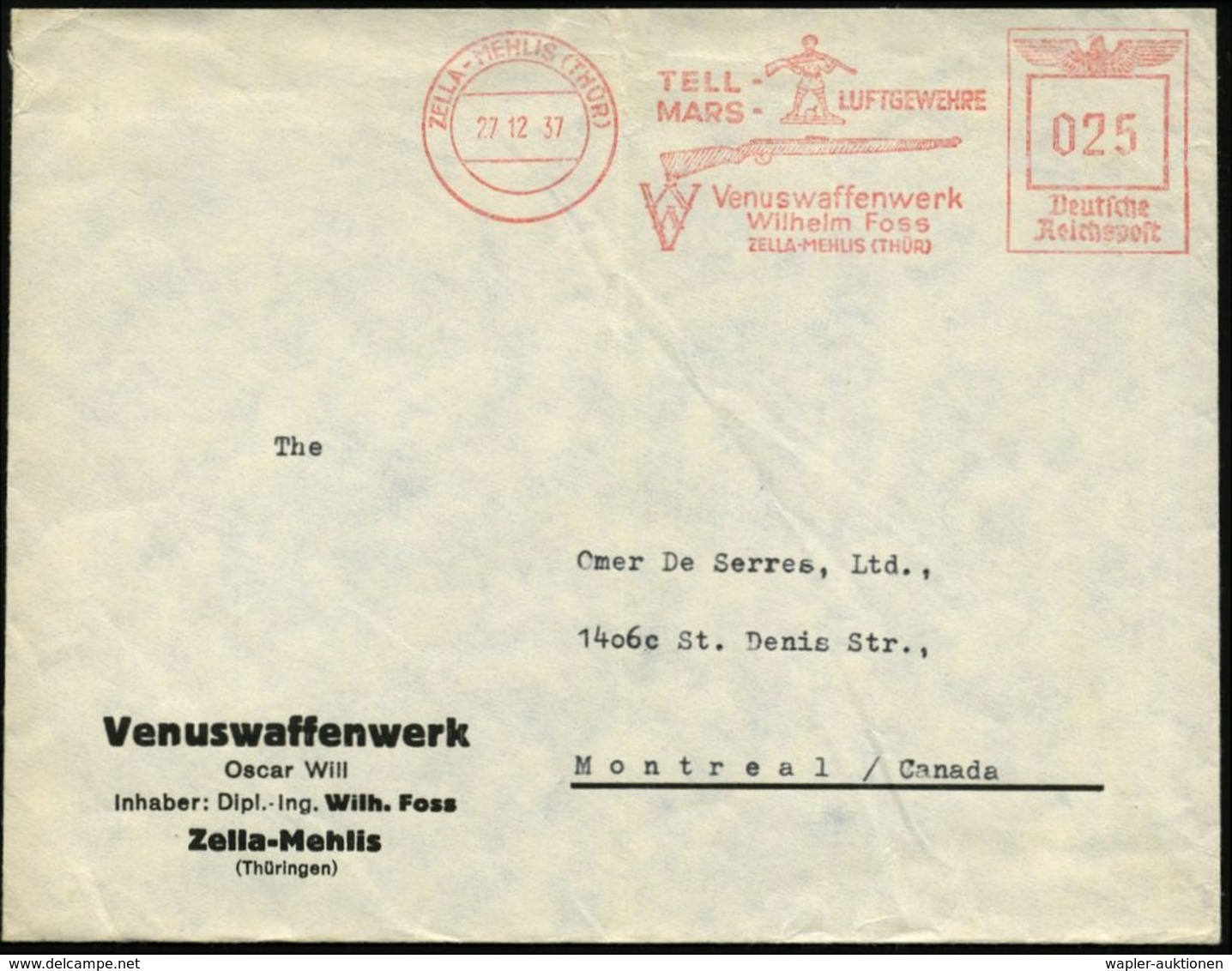 ZELLA-MEHLIS (THÜR)/ TELL-/ MARS-LUFTGEWEHRE/ Venuswaffenwerk 1937 (27.12.) AFS 025 Pf. = Gewehr (u. Tell-Sohn  Mit Apfe - Tir (Armes)