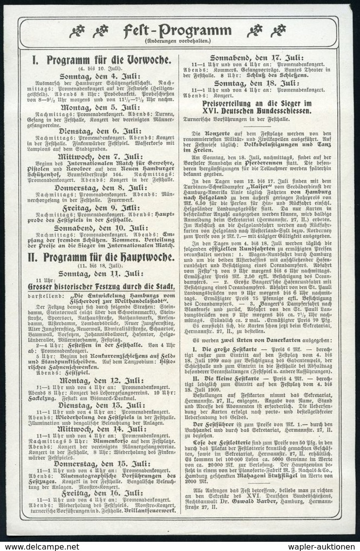 Hamburg 1909 (Juli) Programm-Zettel "XVI. DEUTSCHES BUNDESSCHIESSEN 1909" = Zielscheibe (vor Hafen) Rs. Detailliertes Pr - Shooting (Weapons)