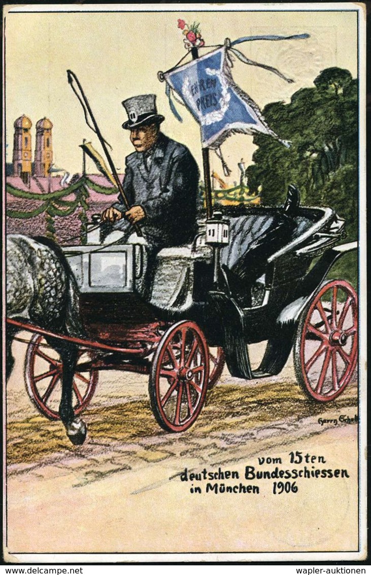 München/ 15.deutsches Bundesschiessen 1906 PP 5 Pf. Wappen, Grün: Betrunkener Schütze Liegend Mit Ehrenstandarte In Pfer - Schieten (Wapens)