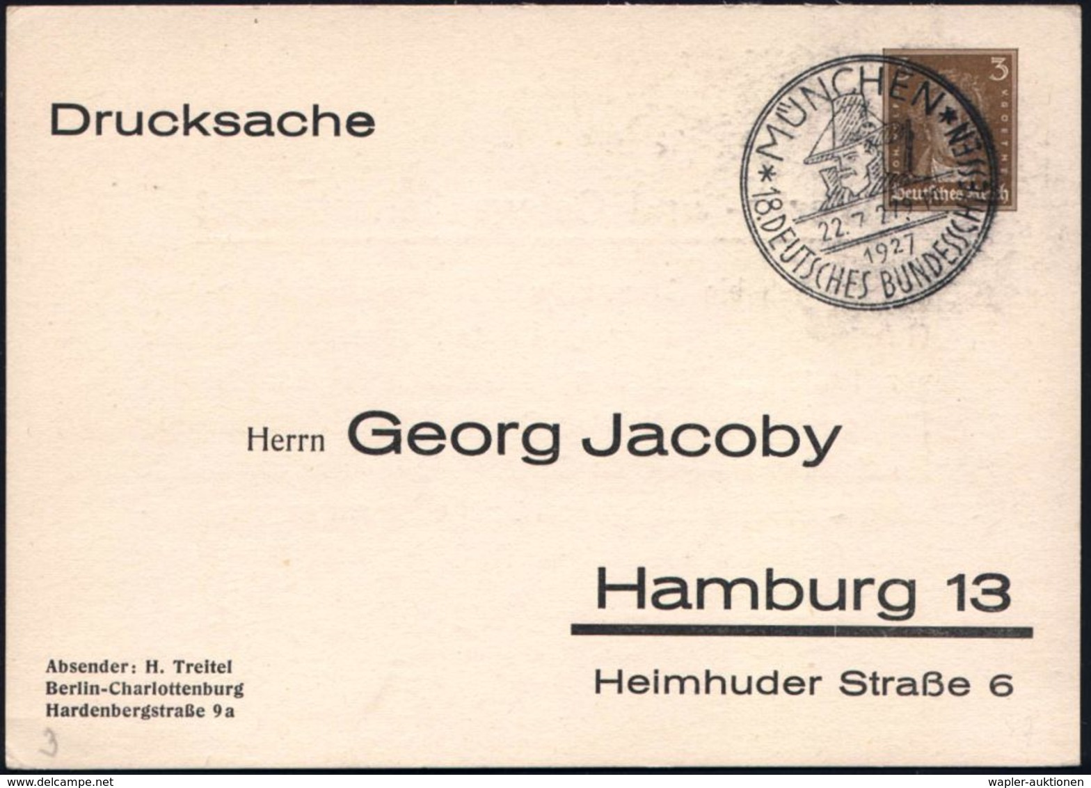 MÜNCHEN/ 18.DEUTSCHES BUNDESSCHIESSEN 1927 (22.7.) Seltener SSt (Schütze M.Hut) Auf PP 3 Pf. Goethe (G.Jacoby, Mi.PP 97/ - Tir (Armes)