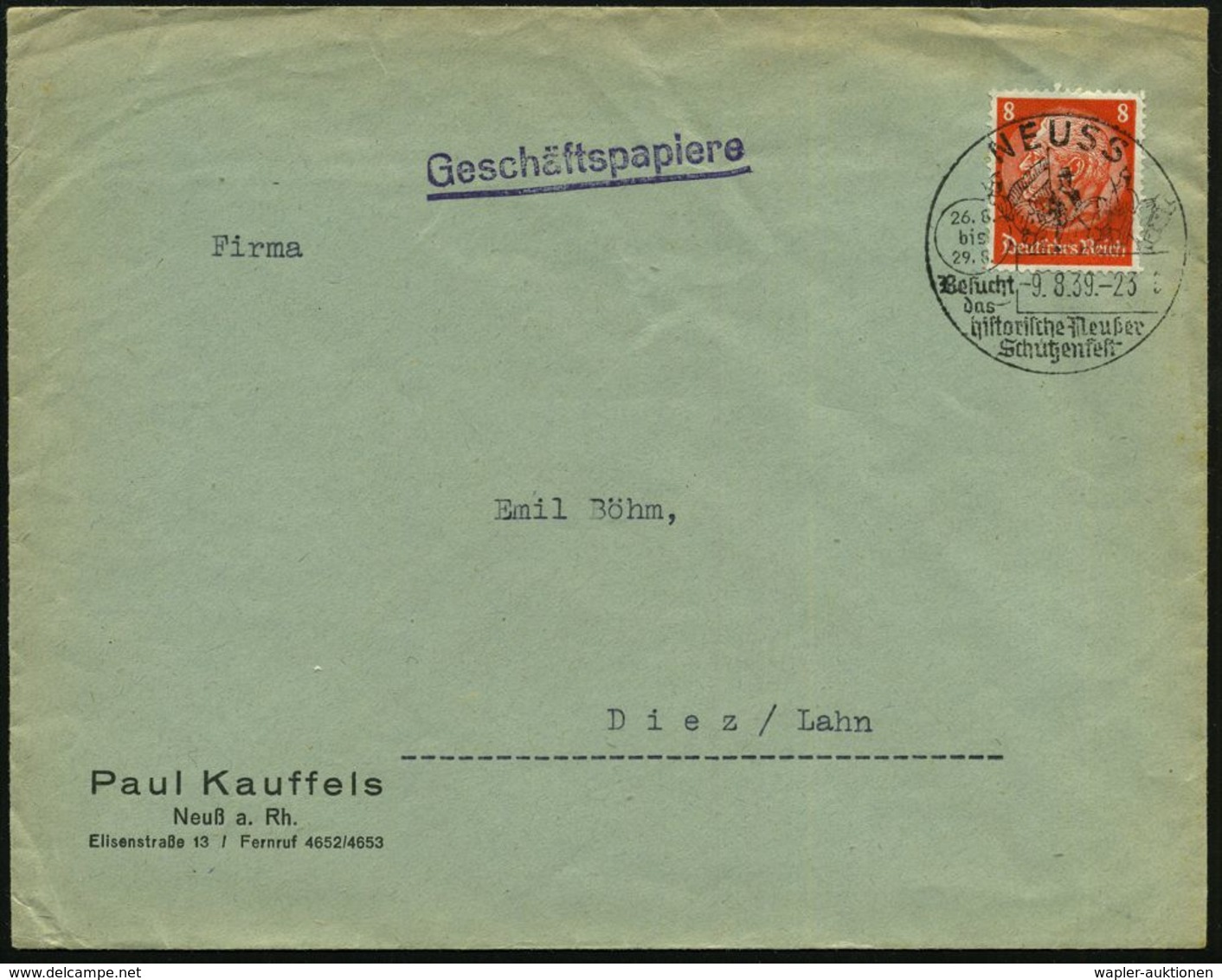 NEUSS/ Besucht/ Das/ Historische/ Schützenfest/ L 1939 (9.8.) Seltener HWSt = Reiter-Schützen (mit Fahne) Klar Gest. Inl - Tiro (armas)