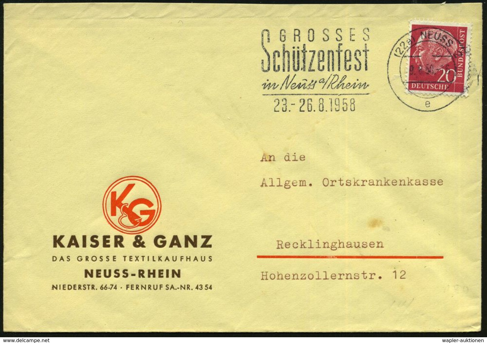 (22a) NEUSS 2/ E/ GROSSES/ Schützenfest/ ..23.-26.8. 1958 (9.8.) MWSt Klar Auf Firmen-Bf. (Bo.14 A) - - Tiro (armi)