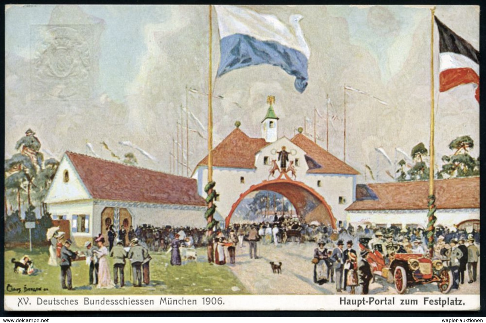 München 1906 PP 5 Pf. Wappen, Grün: XV. Deutsches Bundesschießen = Hauptportal, Festplatz Mit Flaggen, Automobil, Hunden - Schieten (Wapens)