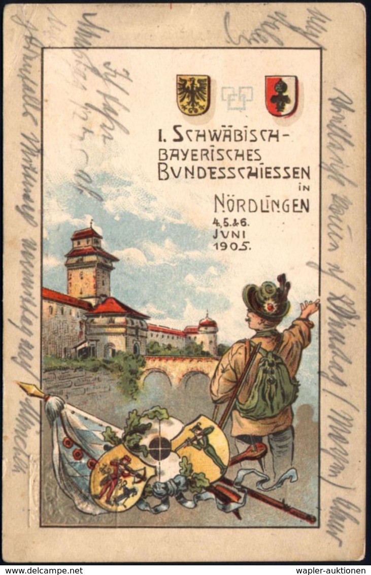 NOERDLINGEN 2 1905 (5.6.) 1K Auf PP 5 Pf. Wappen, Grün: I. SCHWÄBISCH-BAYER. BUNDESSCHIESSEN = Festung, Flagge, Zielsche - Tiro (armi)