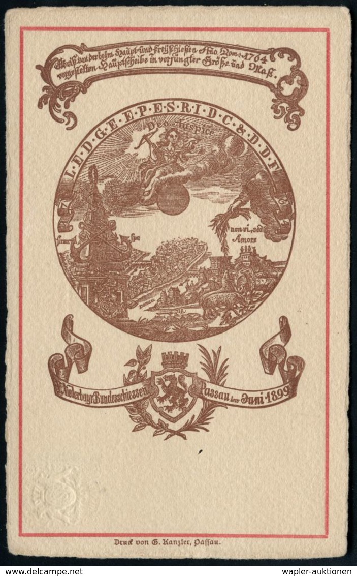 Passau 1899 (Juni) PP 10 Pf. Wappen, Grün: V. Niederbayr. Bundesschiessen "Deo Auspice Non Vi, Sed Amore.." = Histor. Zi - Waffenschiessen