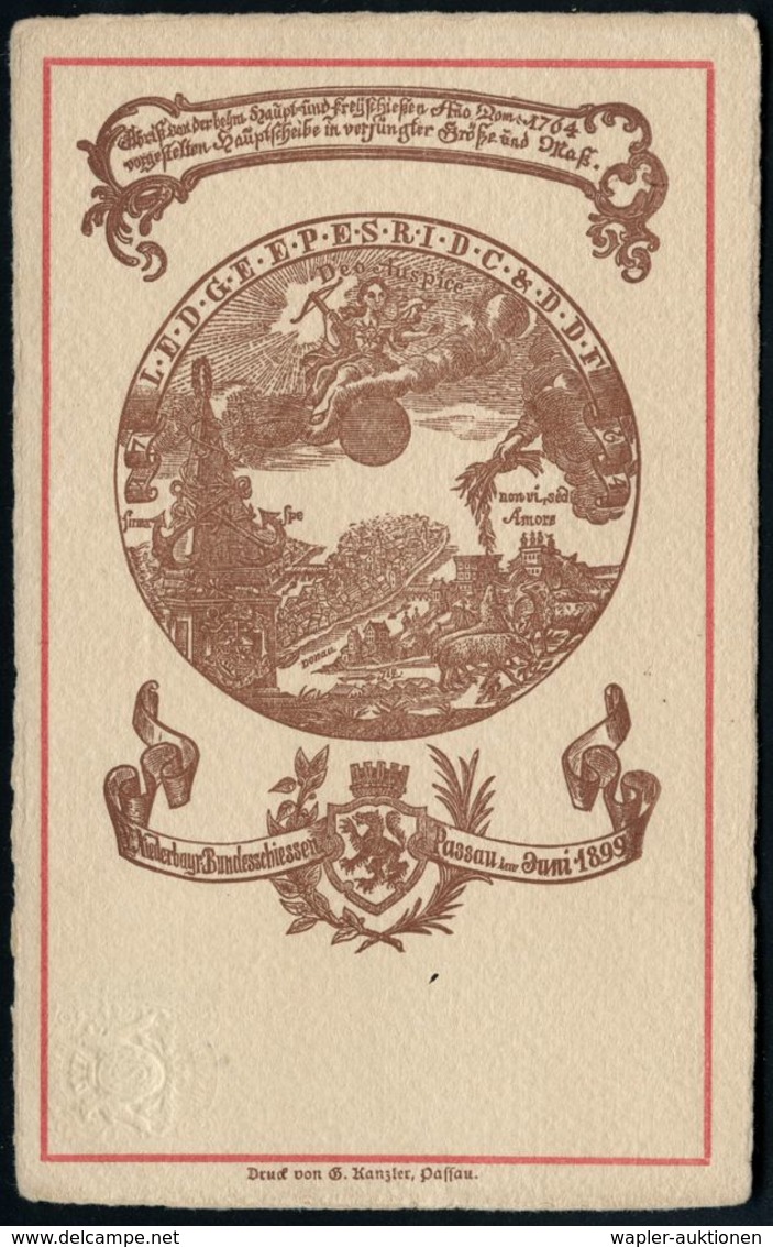 Passau 1899 (Juni) PP 10 Pf. Wappen, Grün: V. Niederbayr. Bundesschiessen "Deo Auspice Non Vi, Sed Amore.." = Histor. Zi - Tiro (armi)