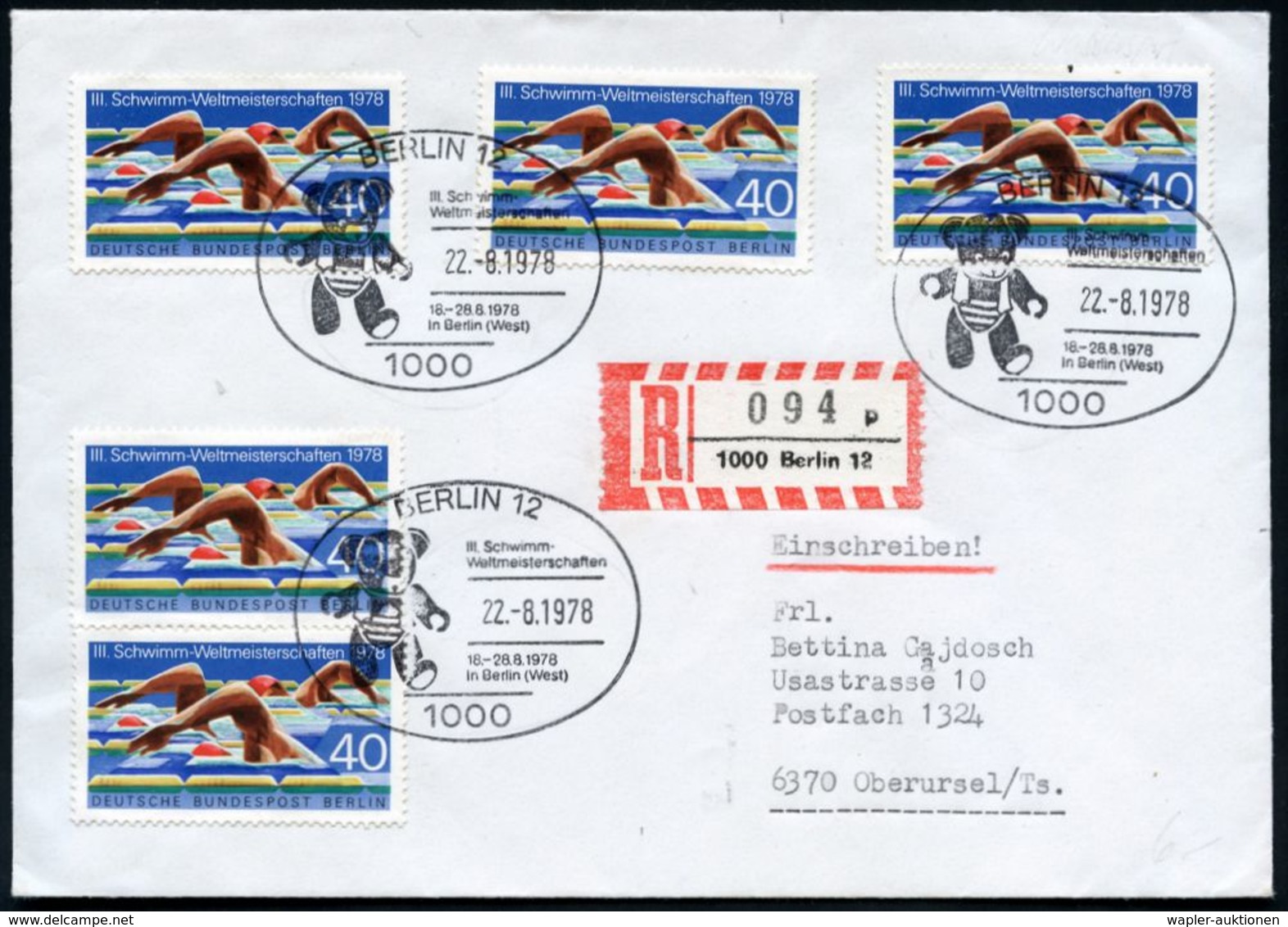 1000 BERLIN 12/ III.Schwimm-/ Weltmeisterschaften.. 1978 (22.8.) SSt = Teddy, 3x Auf Passender Frankatur 5x 40 Pf. "III. - Other & Unclassified