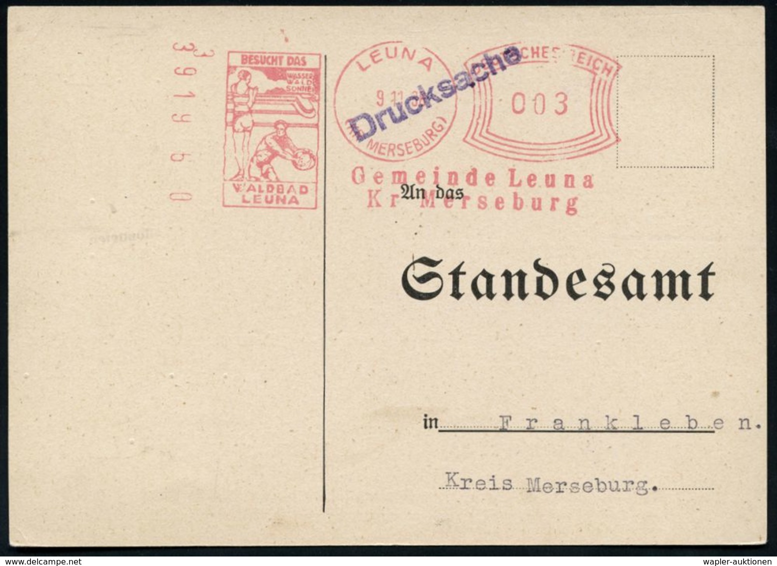 LEUNA/ (KR MERSEBURG)/ Gemeinde Leuna/ BESUCHT DAS/ WALDBAD/ LEUNA.. 1938 (9.11.) Seltener AFS, Typ "Komusina" = Waldbad - Sonstige & Ohne Zuordnung