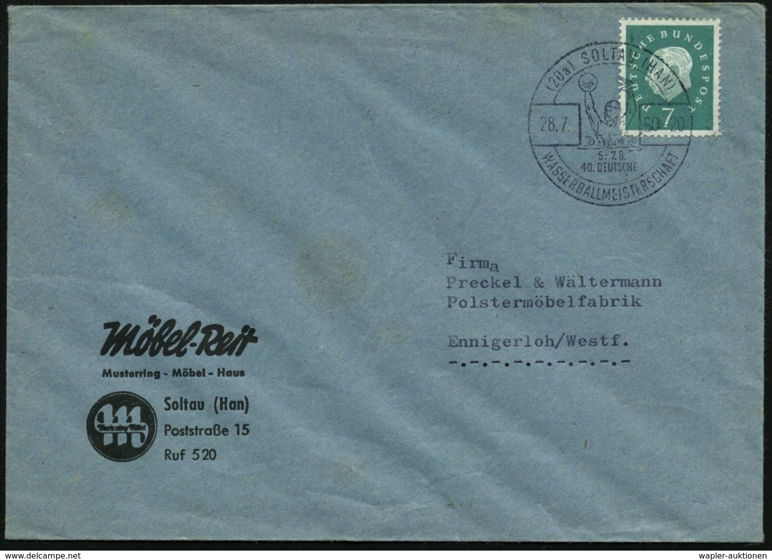 (20a) SOLTAU (HAN)/ 40.DEUTSCHE/ WASSERBALLMEISTERSCHAFT 1960 (Juli) HWSt = Wasserballer , Klar Gest. Firmen-Bf. (Bo.5)  - Andere & Zonder Classificatie