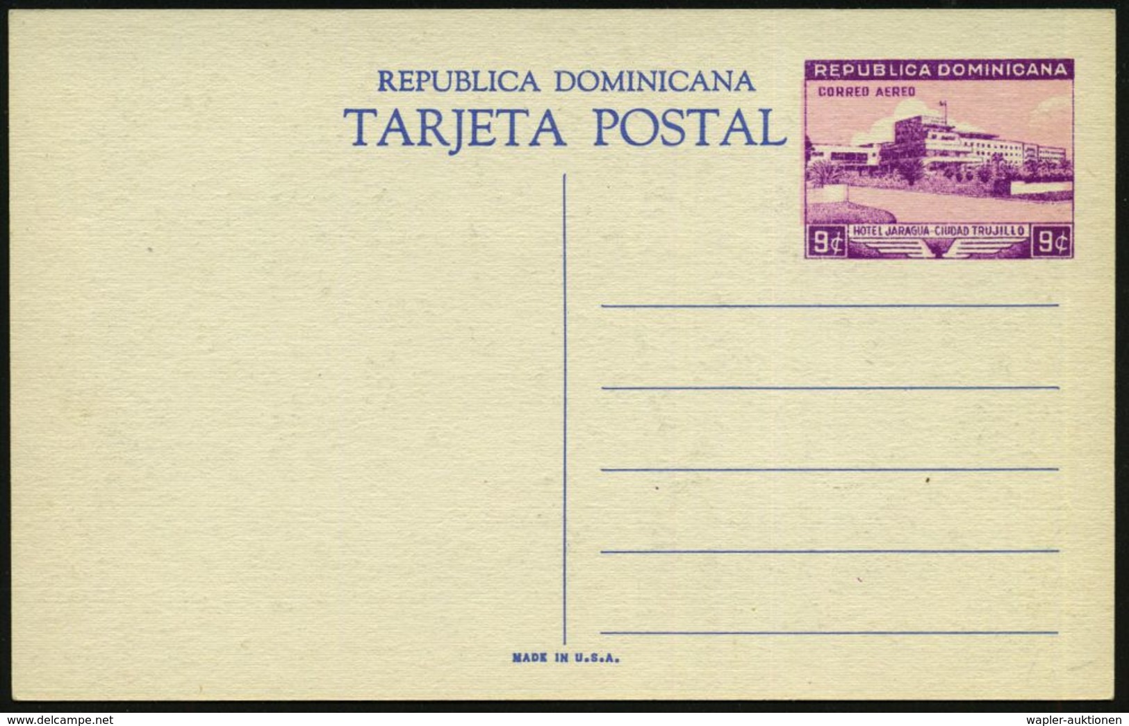 DOMINIKAN.REPUBLIK 1952 PP 9 C. Hotel Jaragua, Viol.: Schwimmbad Hotel Jaragua Mit Sprungturm, Ciudad Trujillo (u. Palme - Other & Unclassified