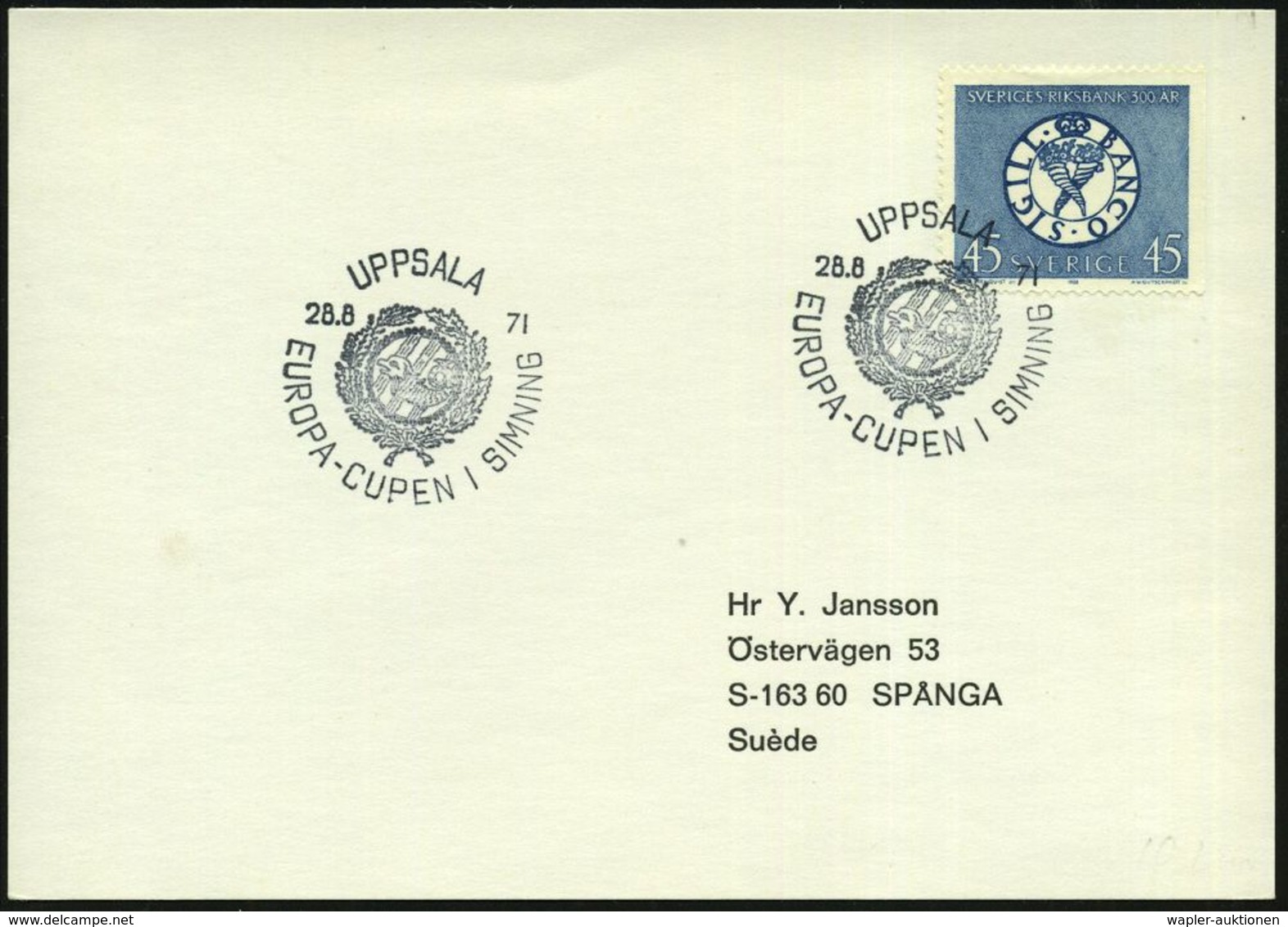 SCHWEDEN 1971 (28.8.) SSt: UPPSALA/EUROPA-CUPEN I SIMMING = Schwimm-EM (Logo M.Fisch) Klar Gest. Inl.-Bf. - - Other & Unclassified