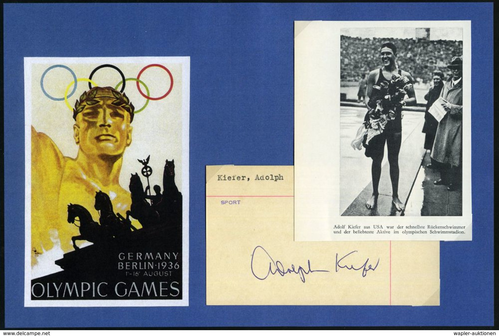 U.S.A. 1936 S/w.-Abb.: Adolf Kiefer Im Olympia-Schwimmstadion + Orig. Autogr. "Adolph Kiefer" = Gold, Schwimmen, 100m Rü - Sonstige & Ohne Zuordnung