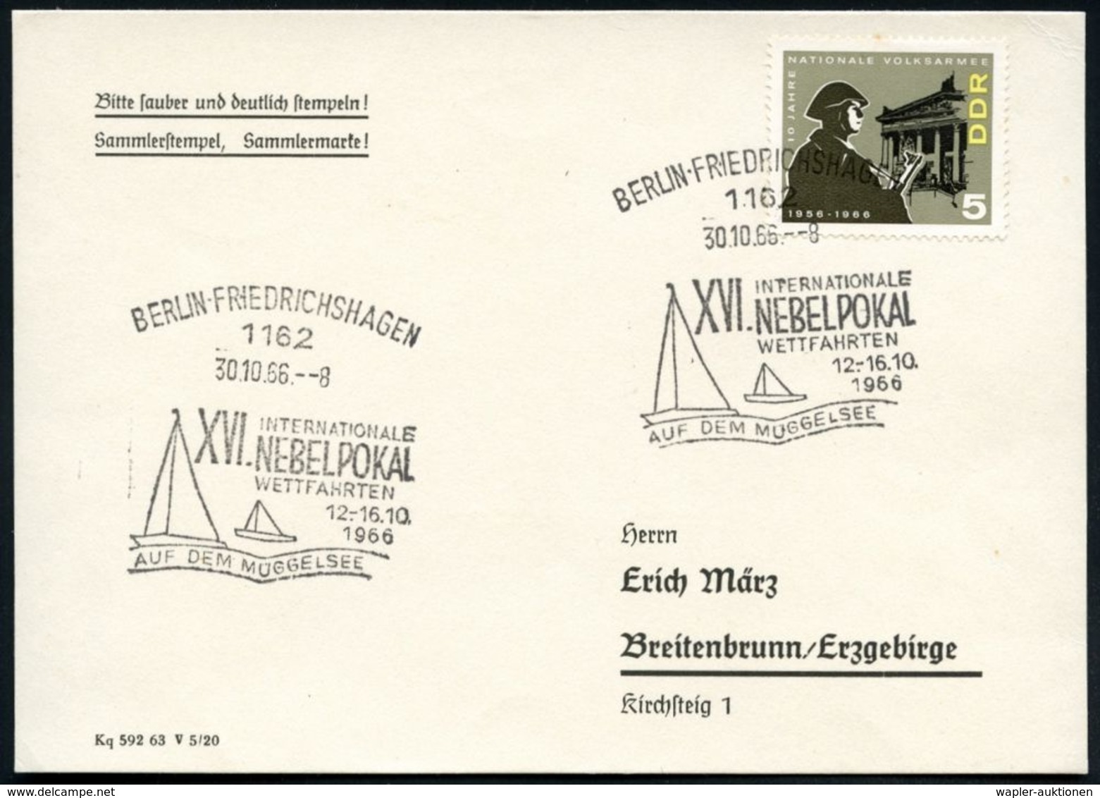 1162 BERLIN-FRIEDRICHSHAGEN/ XVI.INTERNAT./ NEBELPOKAL.. 1966 (30.10.) SSt = 2 Segelboote , Klar Gest. Inl.-Karte - - Autres & Non Classés