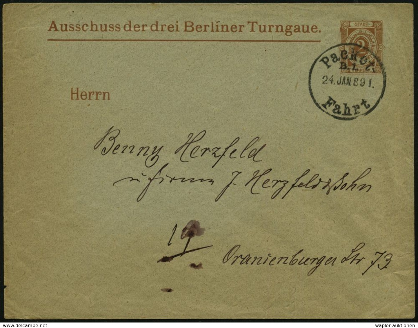 Berlin 1889 (24.1.) Neue Berliner Omnibus- U. Packetfahrt AG, 2 Pf. U Ziffer, Braun: Ausschuss Der Drei Berliner Turngau - Sonstige & Ohne Zuordnung