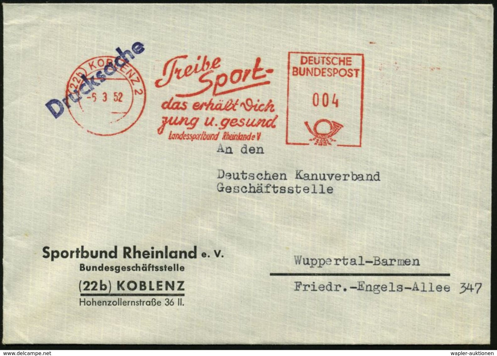 (22b) KOBLENZ 2/ Treibe/ Sport-/ ..Landessportbund Rheinland EV. 1952 (5.3.) AFS Auf Vordr.-Bf.: Bundesgeschäftsstelle ( - Altri & Non Classificati