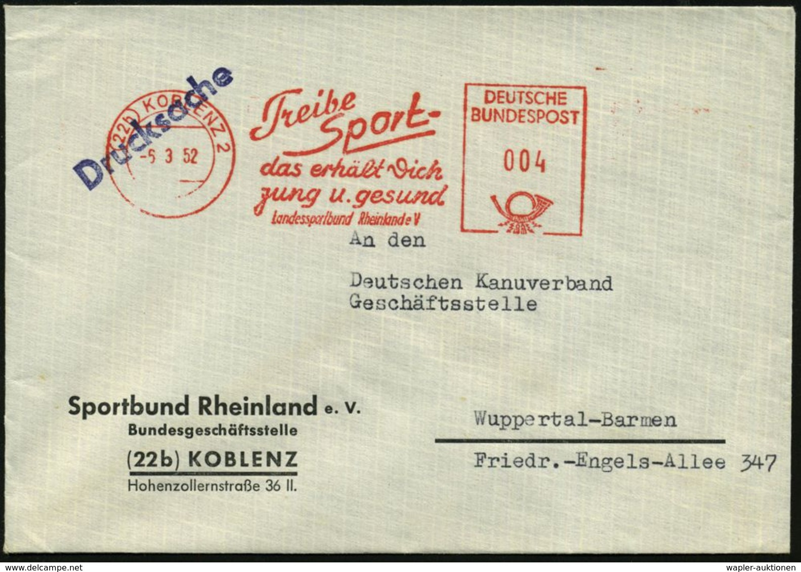 (22b) KOBLENZ 2/ Treibe/ Sport-/ ..Landessportbund Rheinland EV. 1952 (5.3.) AFS Auf Vordr.-Bf.: Bundesgeschäftsstelle ( - Andere & Zonder Classificatie